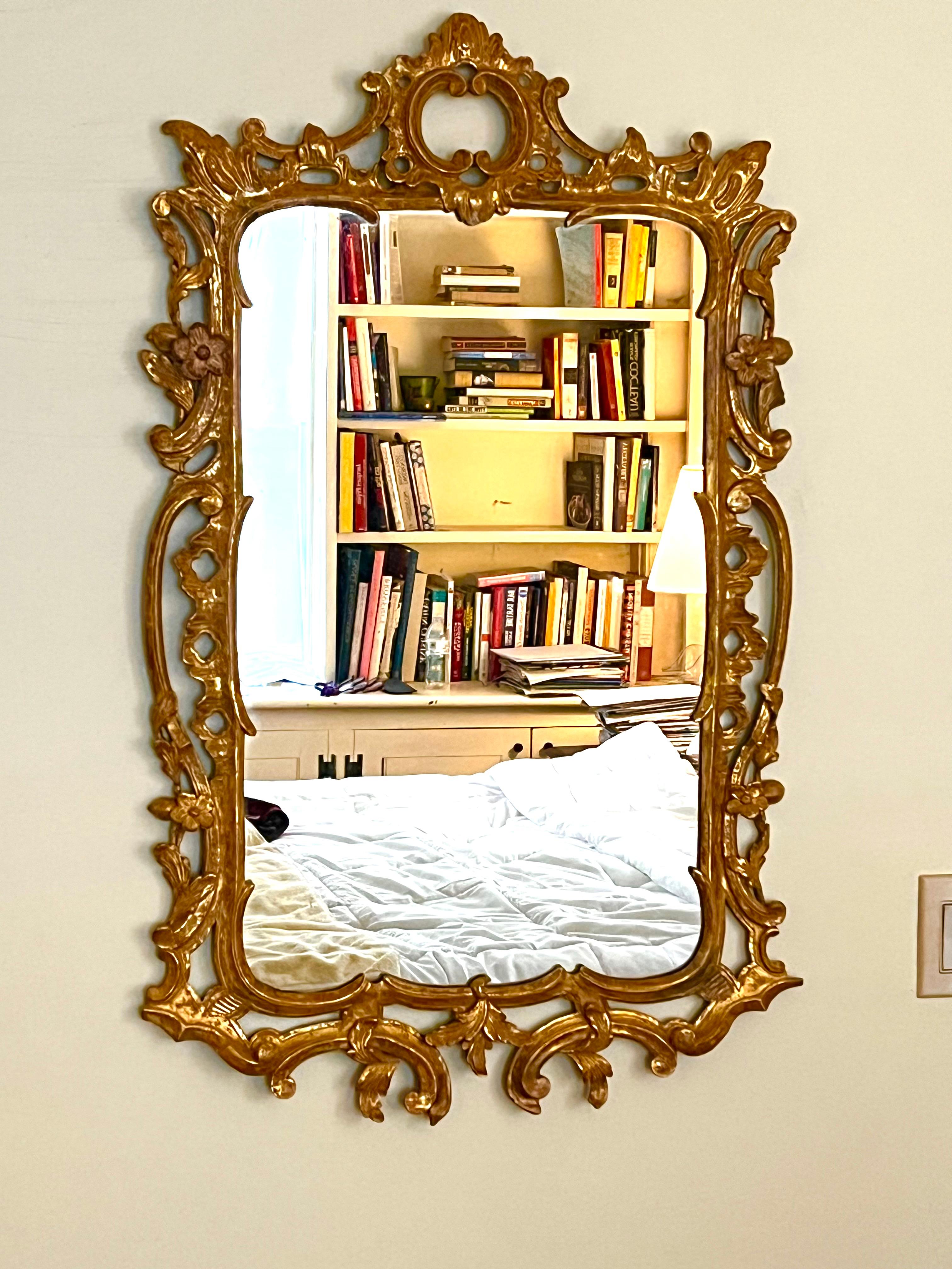 A nicely modeled French 19th century giltwood mirror in the manner of Louis XV, with vine and floral decoration and older plate glass. 
