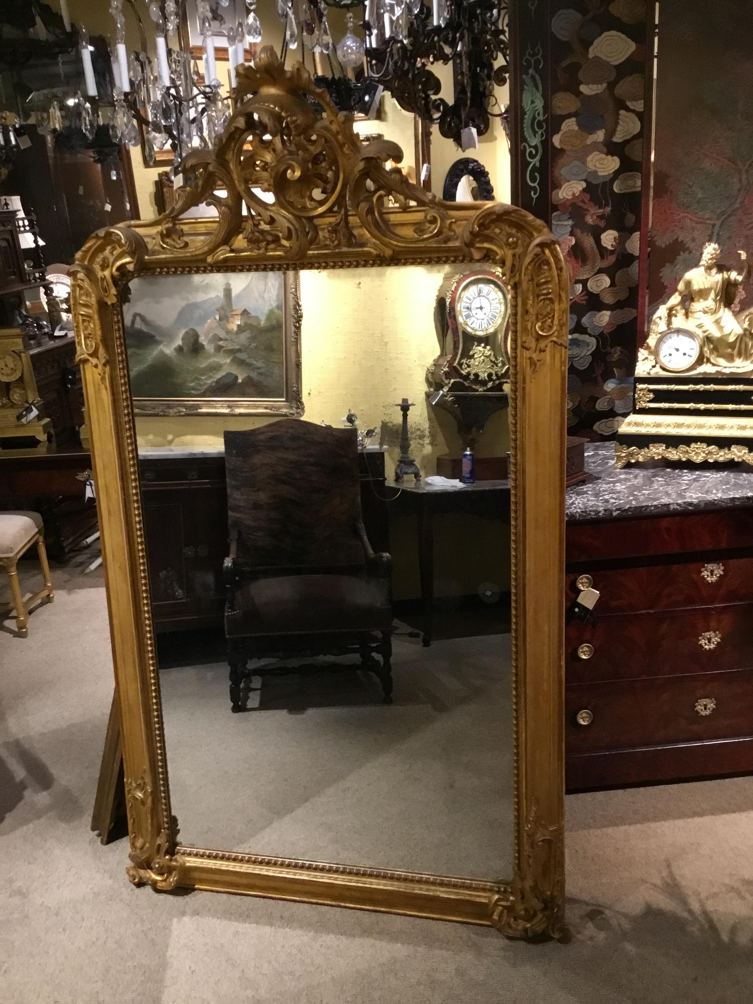 19th Century Louis XV-Style Giltwood Mirror with Large Gilt Cartouche at the Center Crest