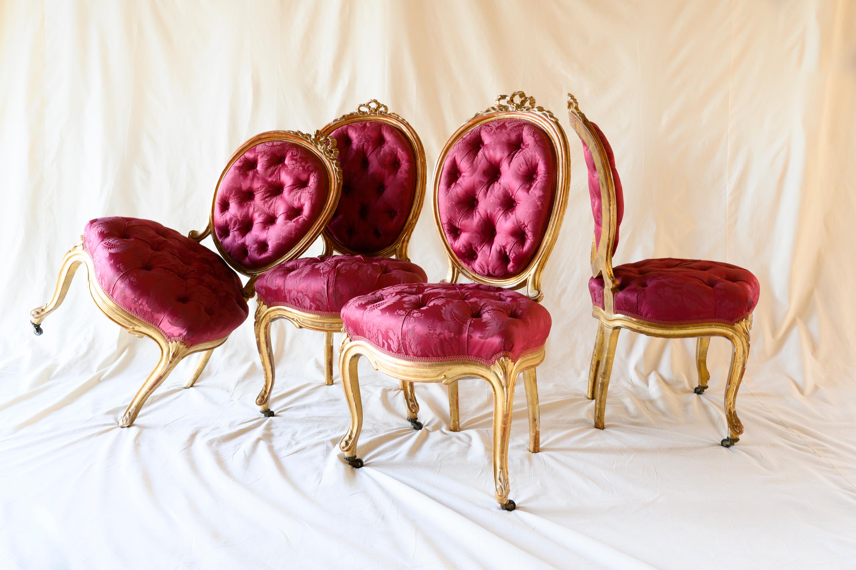 Louis XV Style Giltwood Salon Chairs, Set of 4 In Fair Condition For Sale In Ross, CA