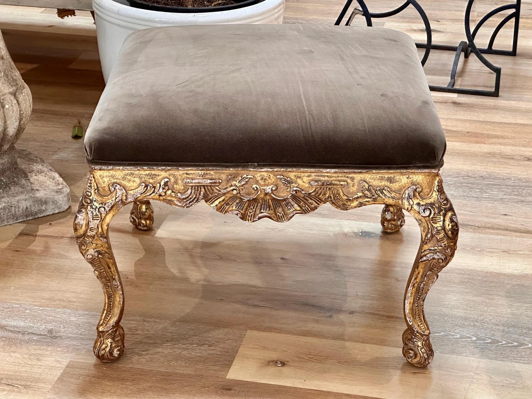 A Louis XV Style Giltwood Tabouret, likely 19th Century, possibly earlier,  with velvet upholstered seat.  Height 20 x 26 3/4 inches square.  
