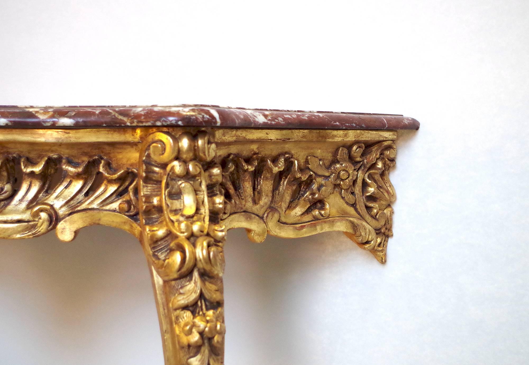Carved Louis XV Style Giltwood Wall Bracket, Royal Red Marble Top, circa 1880