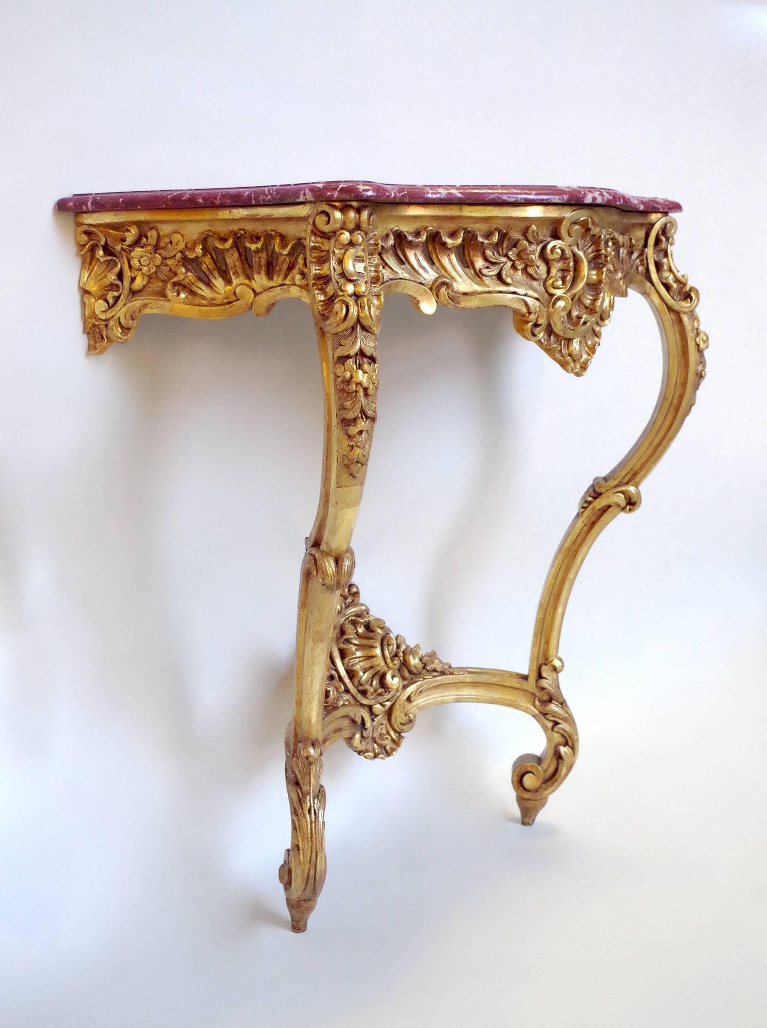 Louis XV Style Giltwood Wall Bracket, Royal Red Marble Top, circa 1880 2