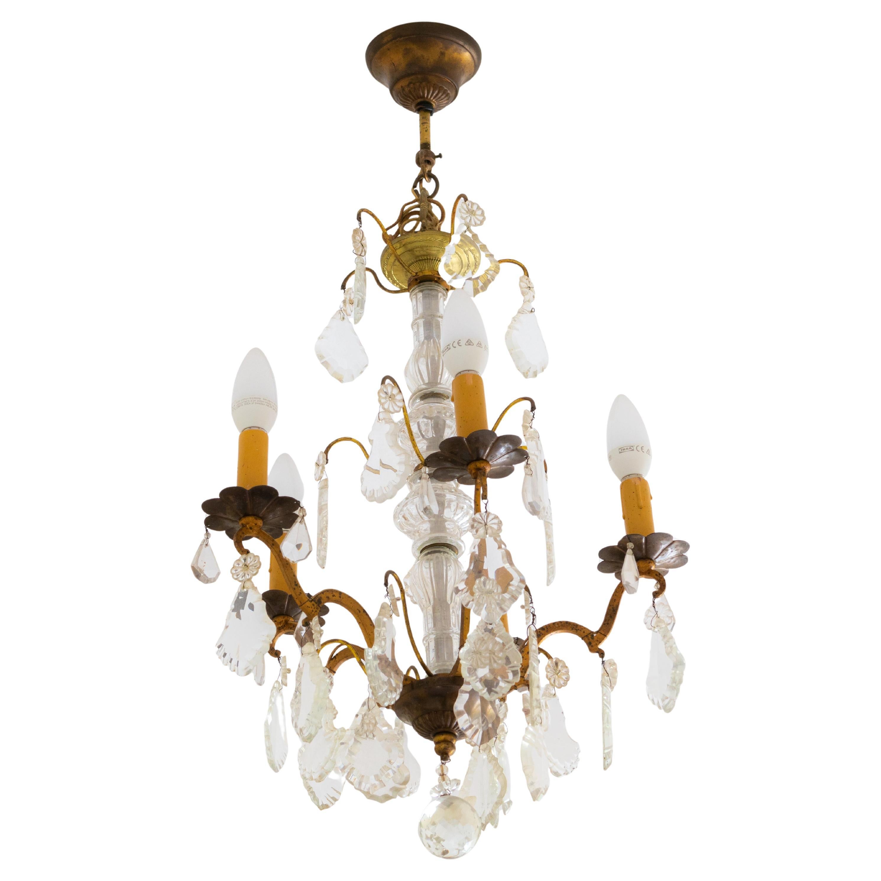 Lampadario in vetro e bronzo in stile Luigi XV, cinque bracci, XX secolo