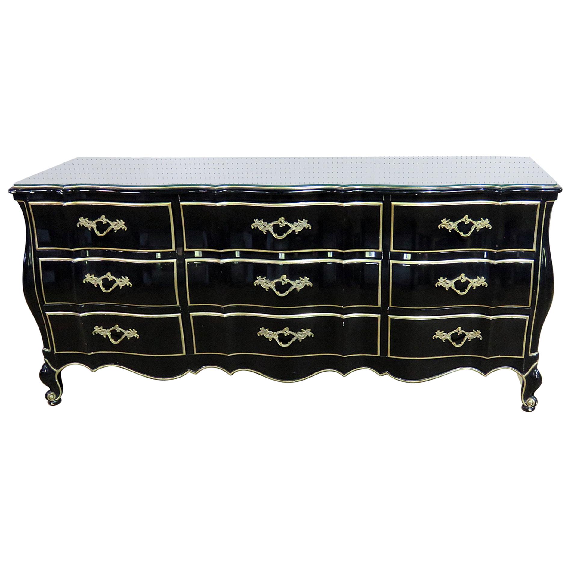 Black Lacquer and Gilded Trim French Louis XV Triple Dresser with glass top