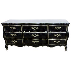 Vintage Black Lacquer and Gilded Trim French Louis XV Triple Dresser with glass top