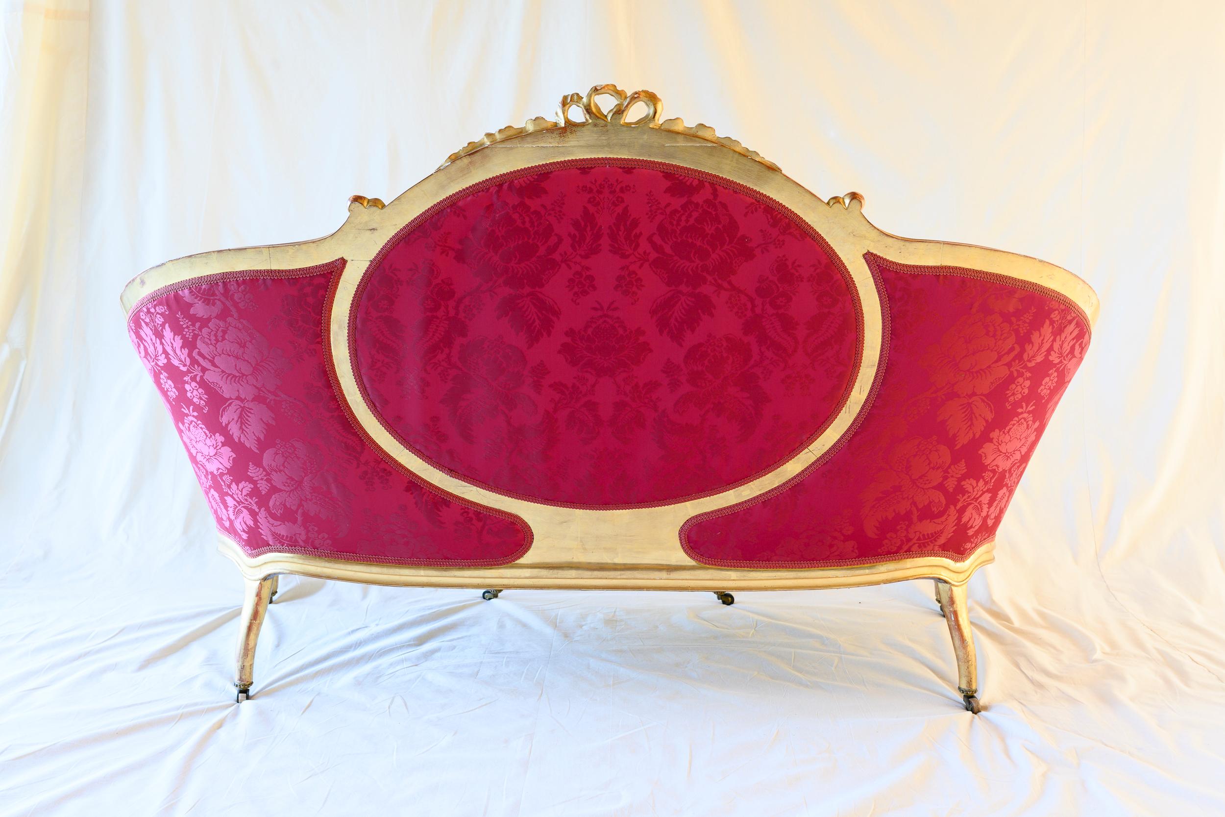 Louis XV Style Glitwood & Red Silk Canapé In Fair Condition For Sale In Ross, CA