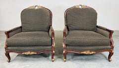 Louis XV Style Gold Mahogany Oversized Bergere’ Lounge Chairs