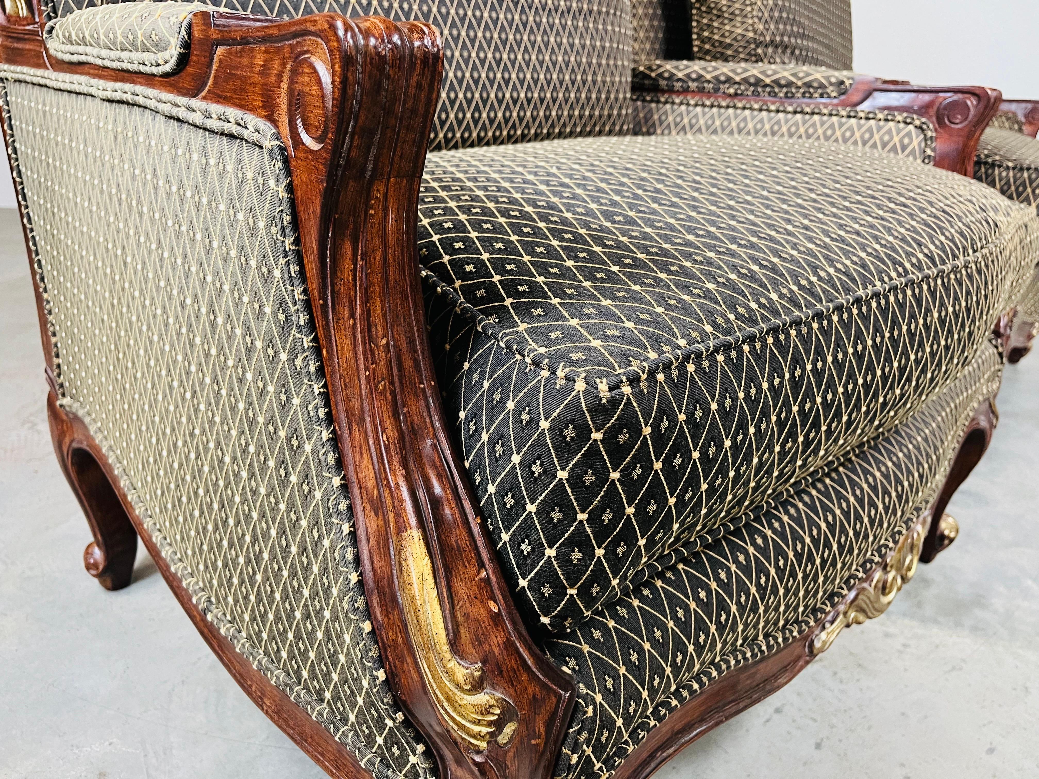 American Louis XV Style Gold Mahogany Oversized Bergere’ Lounge Chairs For Sale