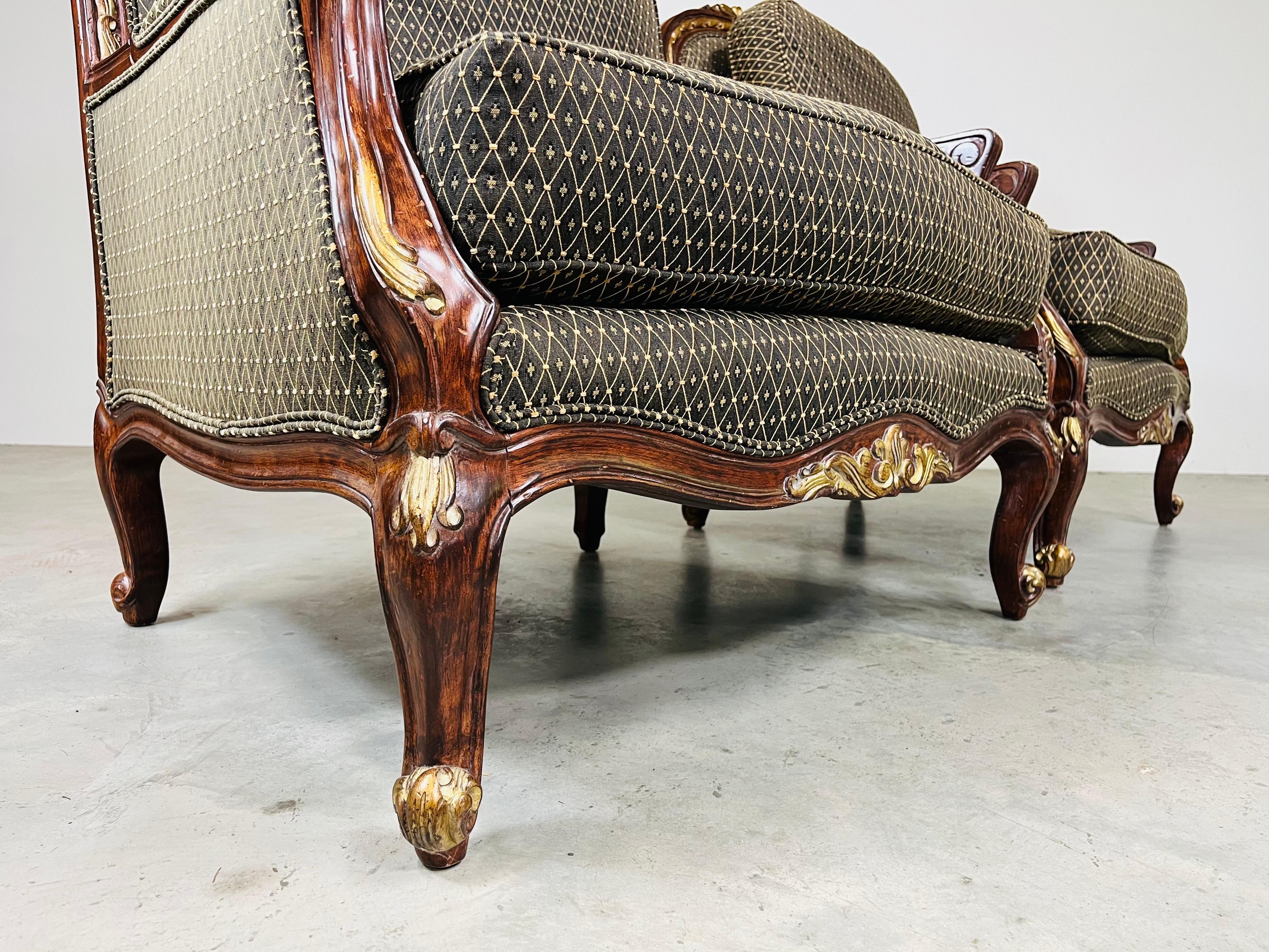 Contemporary Louis XV Style Gold Mahogany Oversized Bergere’ Lounge Chairs For Sale