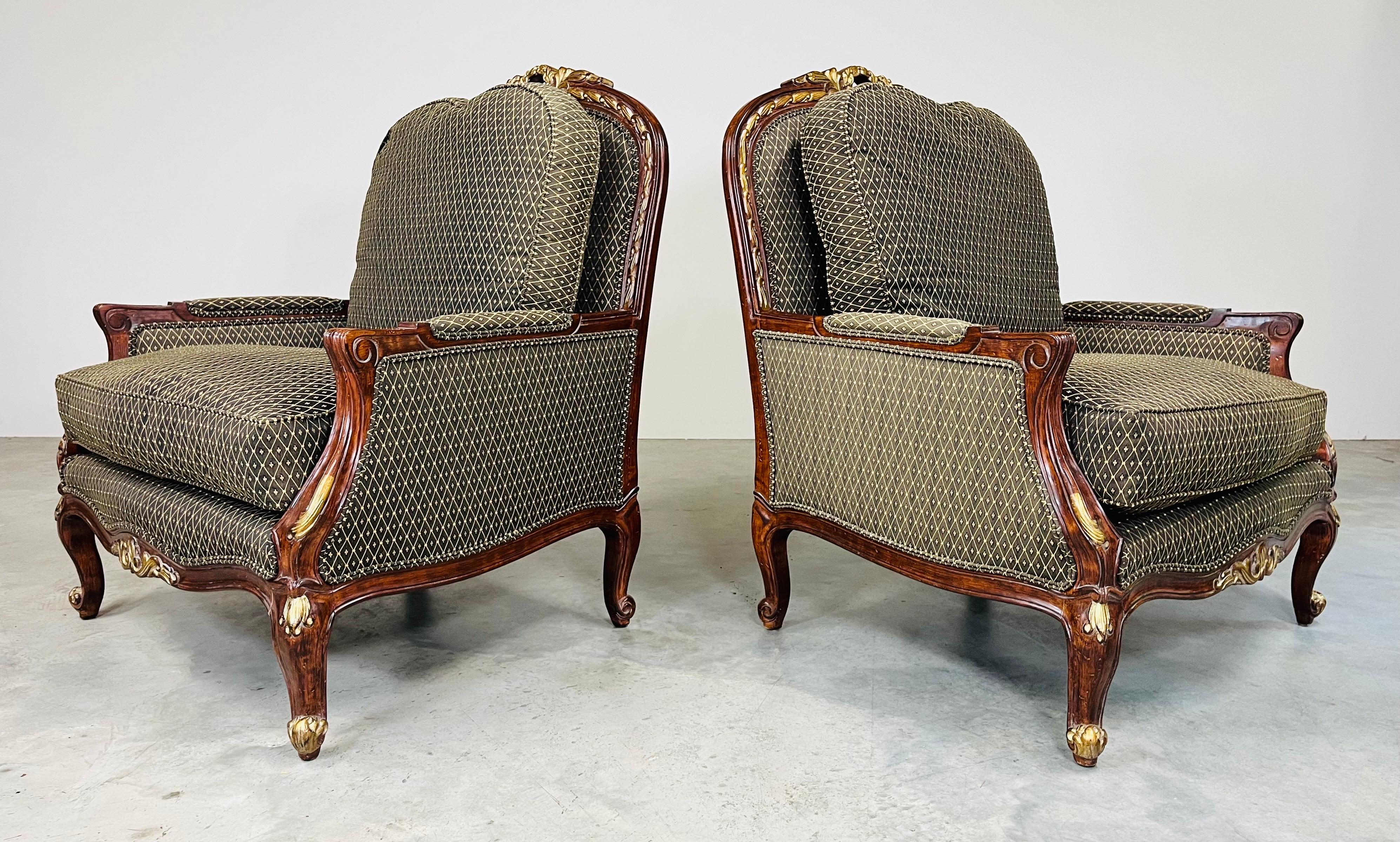 Cotton Louis XV Style Gold Mahogany Oversized Bergere’ Lounge Chairs For Sale