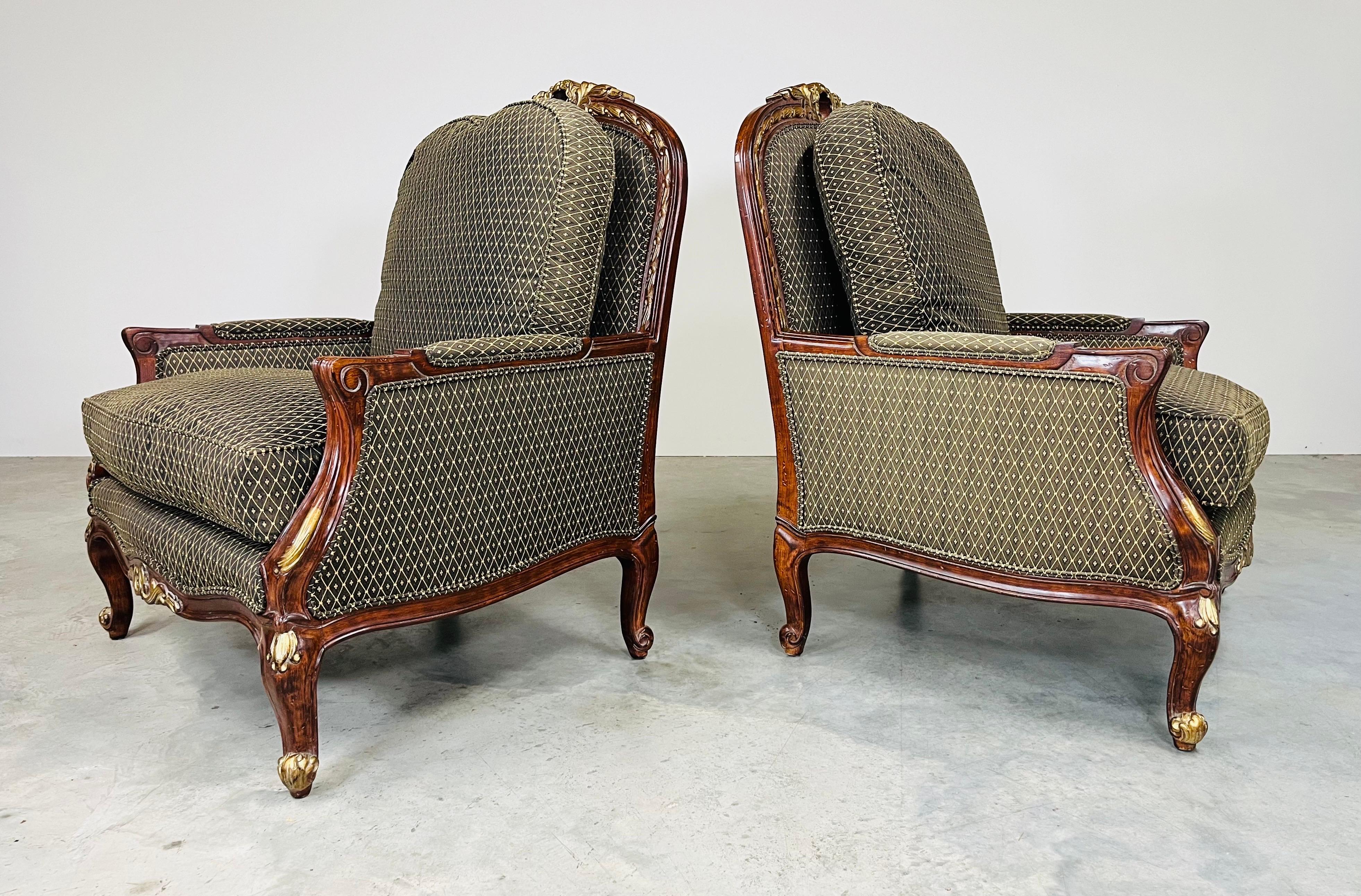 Louis XV Style Gold Mahogany Oversized Bergere’ Lounge Chairs For Sale 1