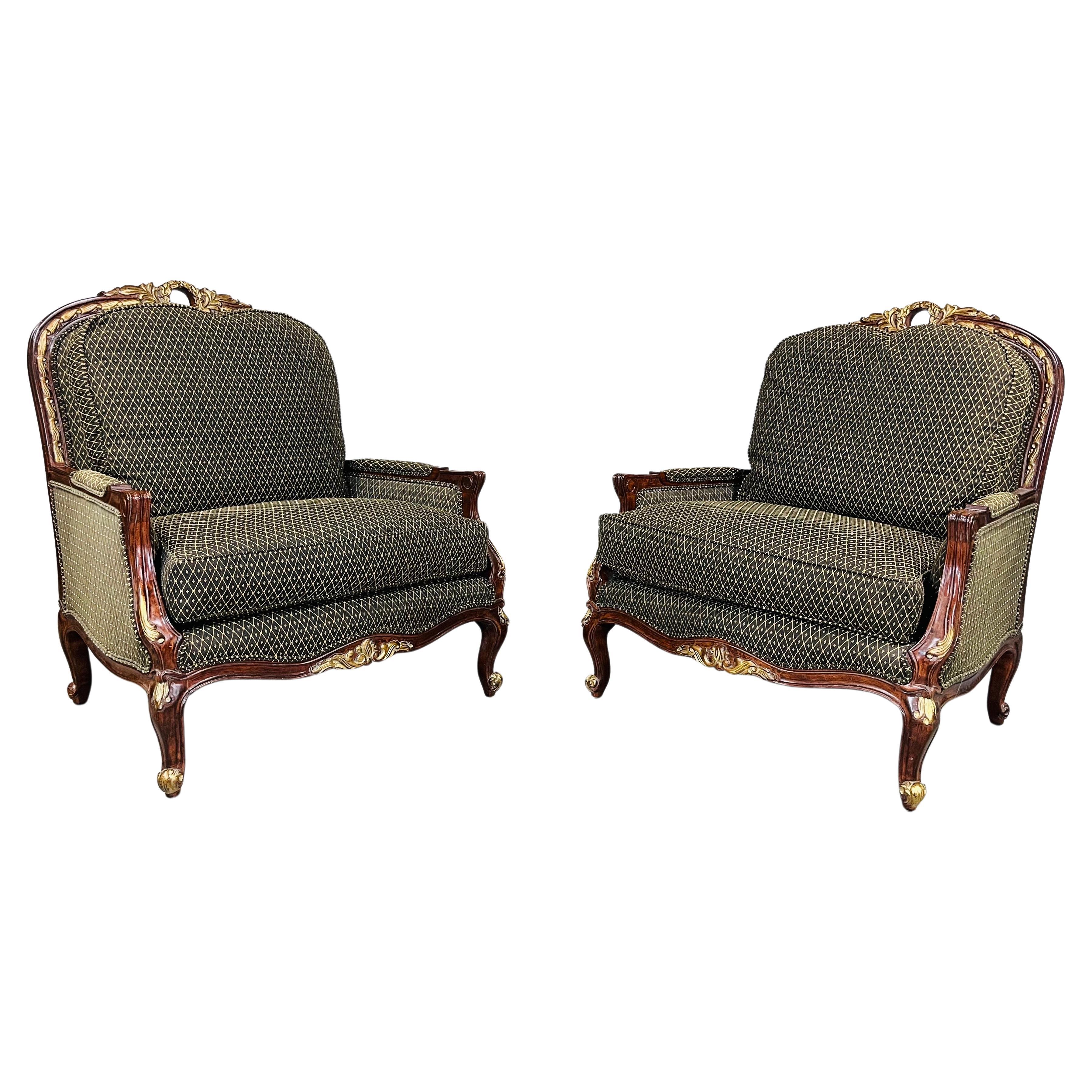 Louis XV Style Gold Mahogany Oversized Bergere’ Lounge Chairs For Sale