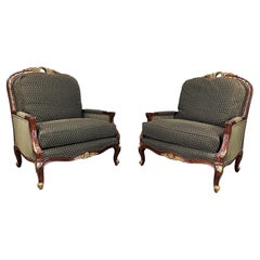 Louis XV Style Gold Mahogany Oversized Bergere’ Lounge Chairs