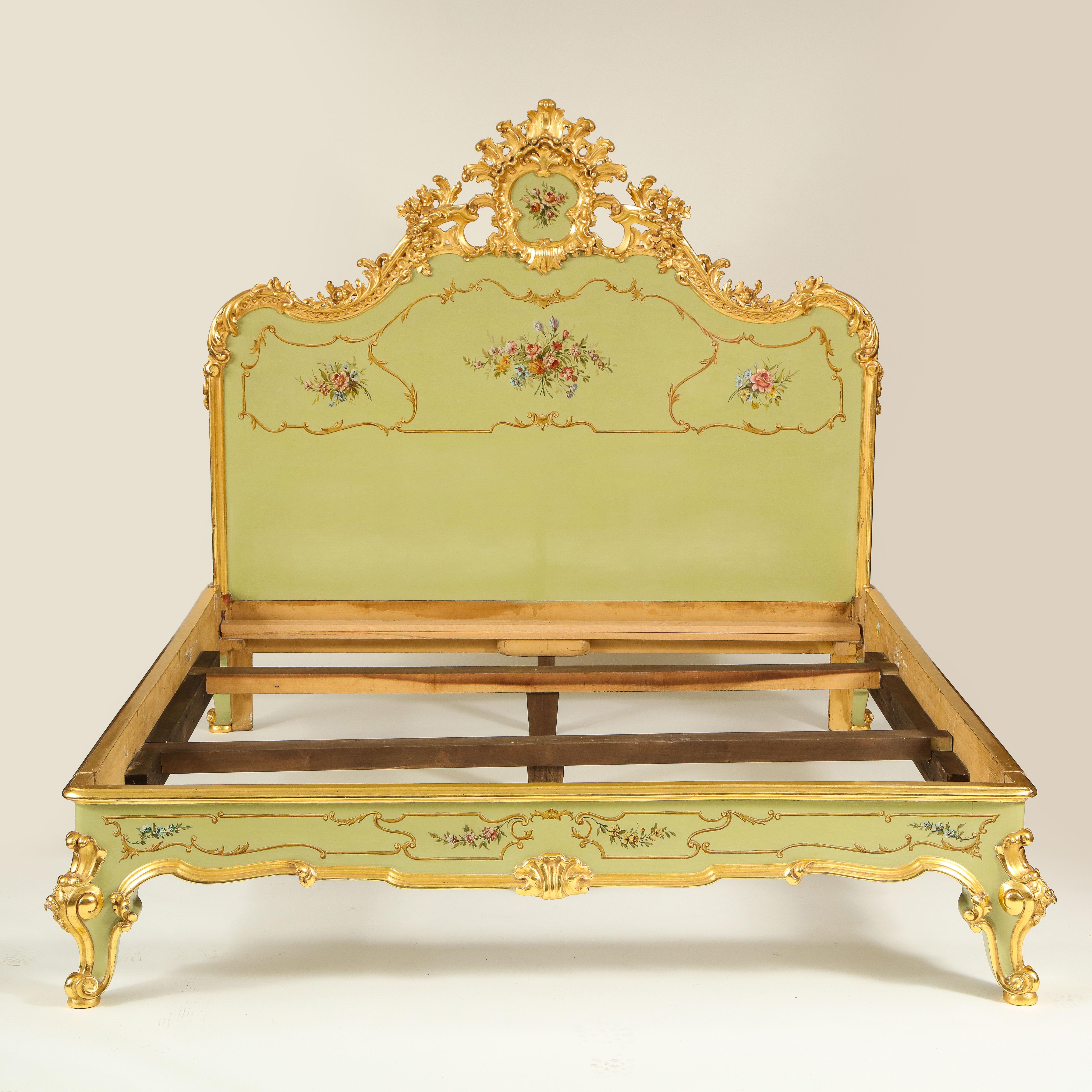 20th Century Louis XV Style Green and Parcel Gilt Bedstead