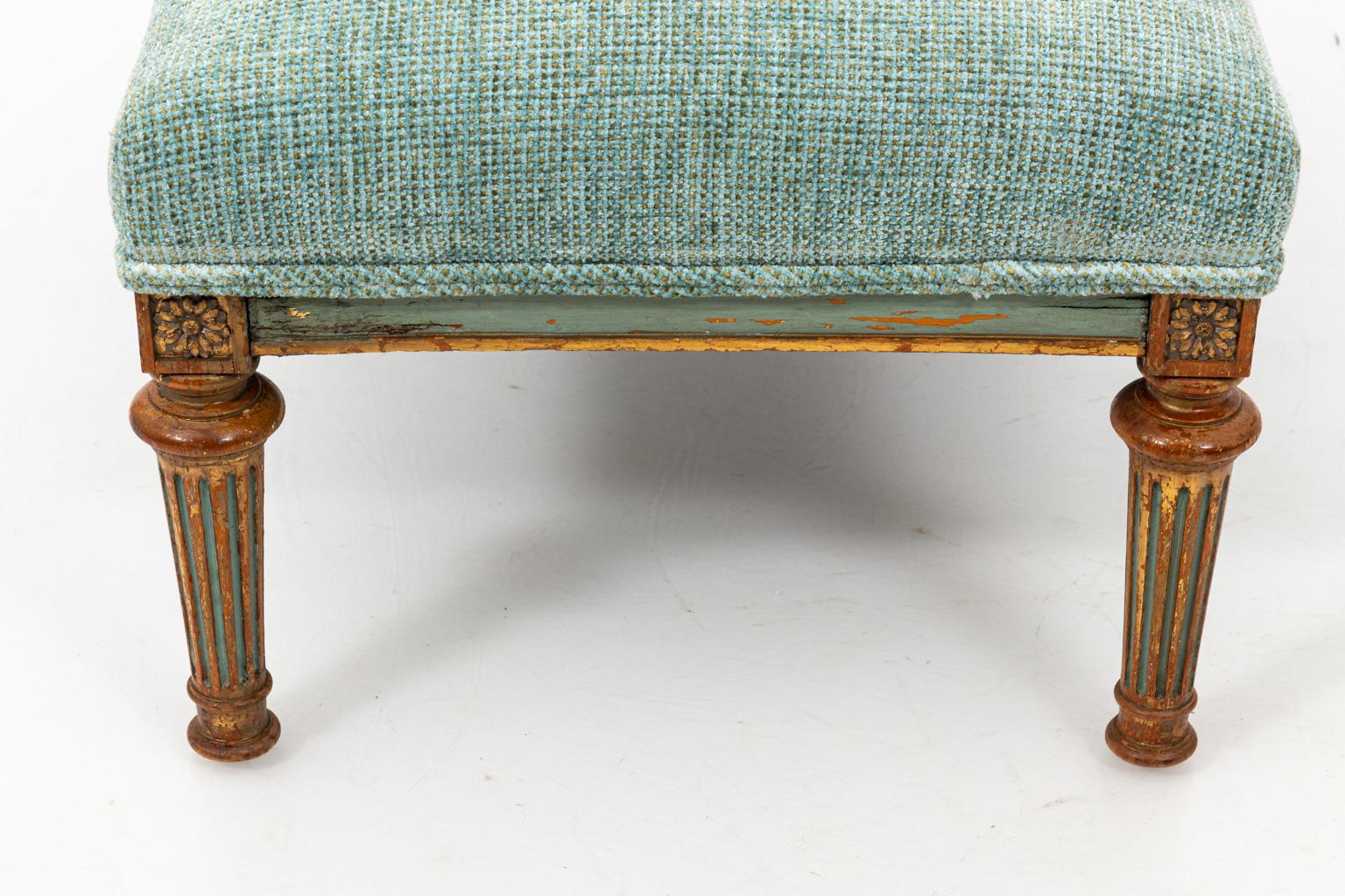 French bench in the Louis XV style, newly upholstered in a green painted finish, circa late 19th century. Please note of wear consistent with age. Made in France.