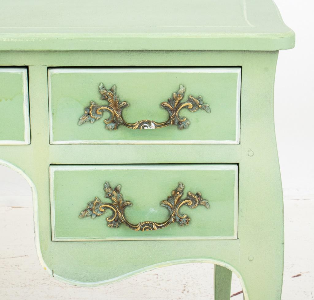 Louis XV style lime green-painted ladies desk or writing table, raised on cabriole legs, five drawers with brass handles. Measures: 28