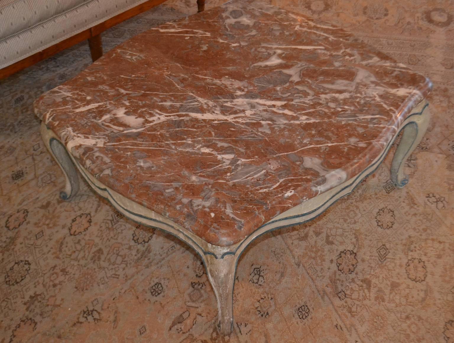 Louis XV style Gris Peinte table, 19th century, shaped marble-top, conforming frieze, cabriole legs.