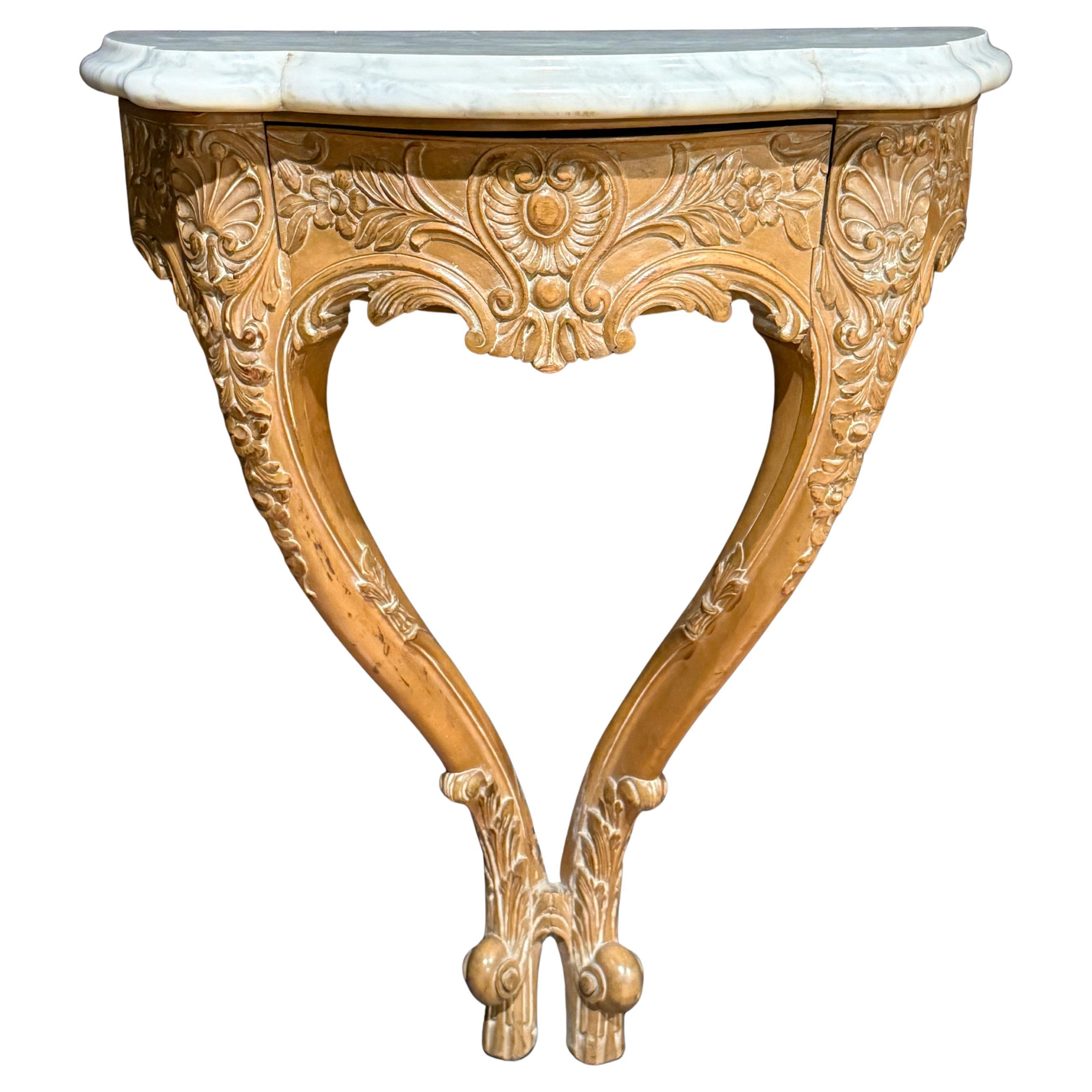 Louis XV Style Hand Carved Beechwood Console With Carrara White Marble Top For Sale