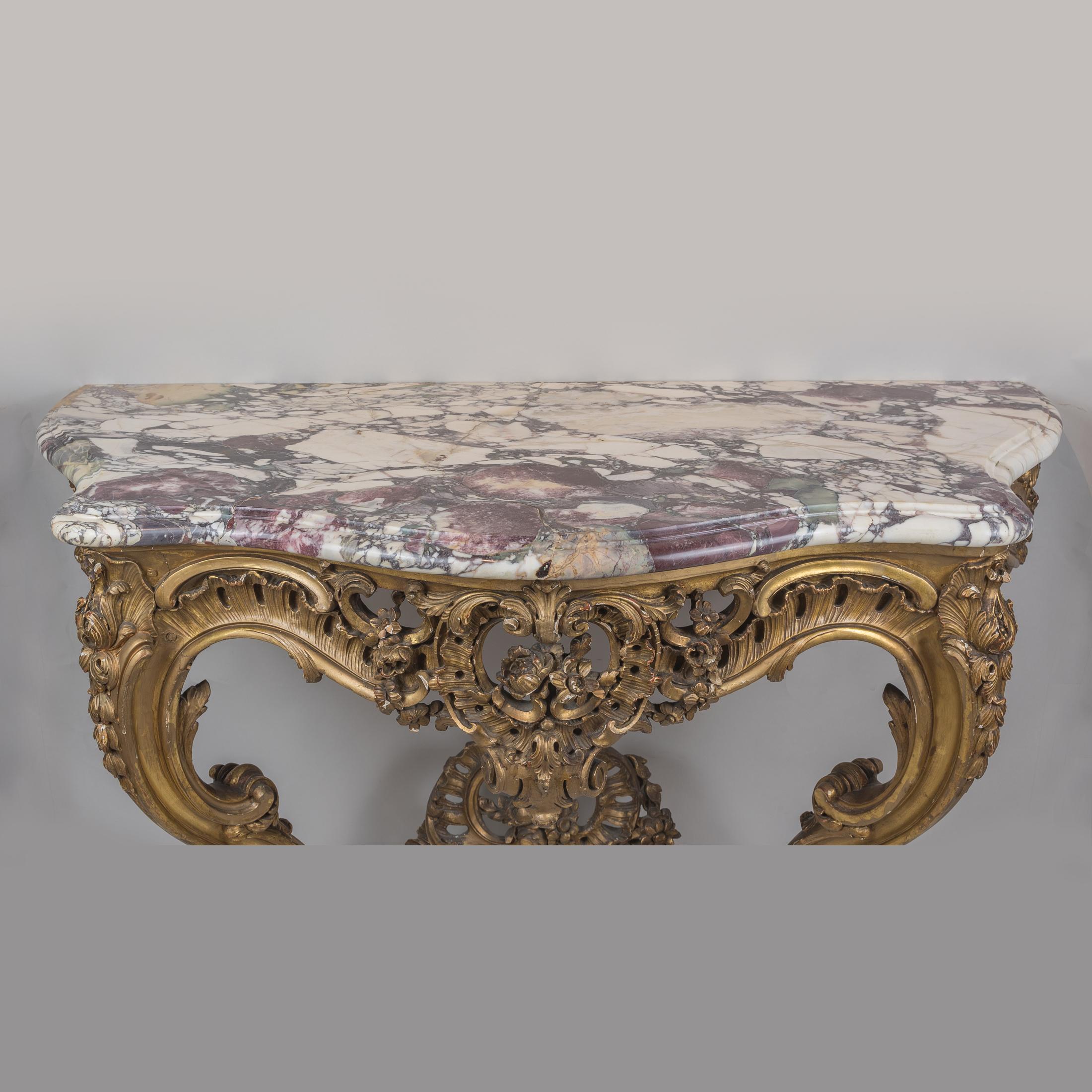 French Louis XV Style Hand-Carved Gilt Wood and Marble-Top Console For Sale