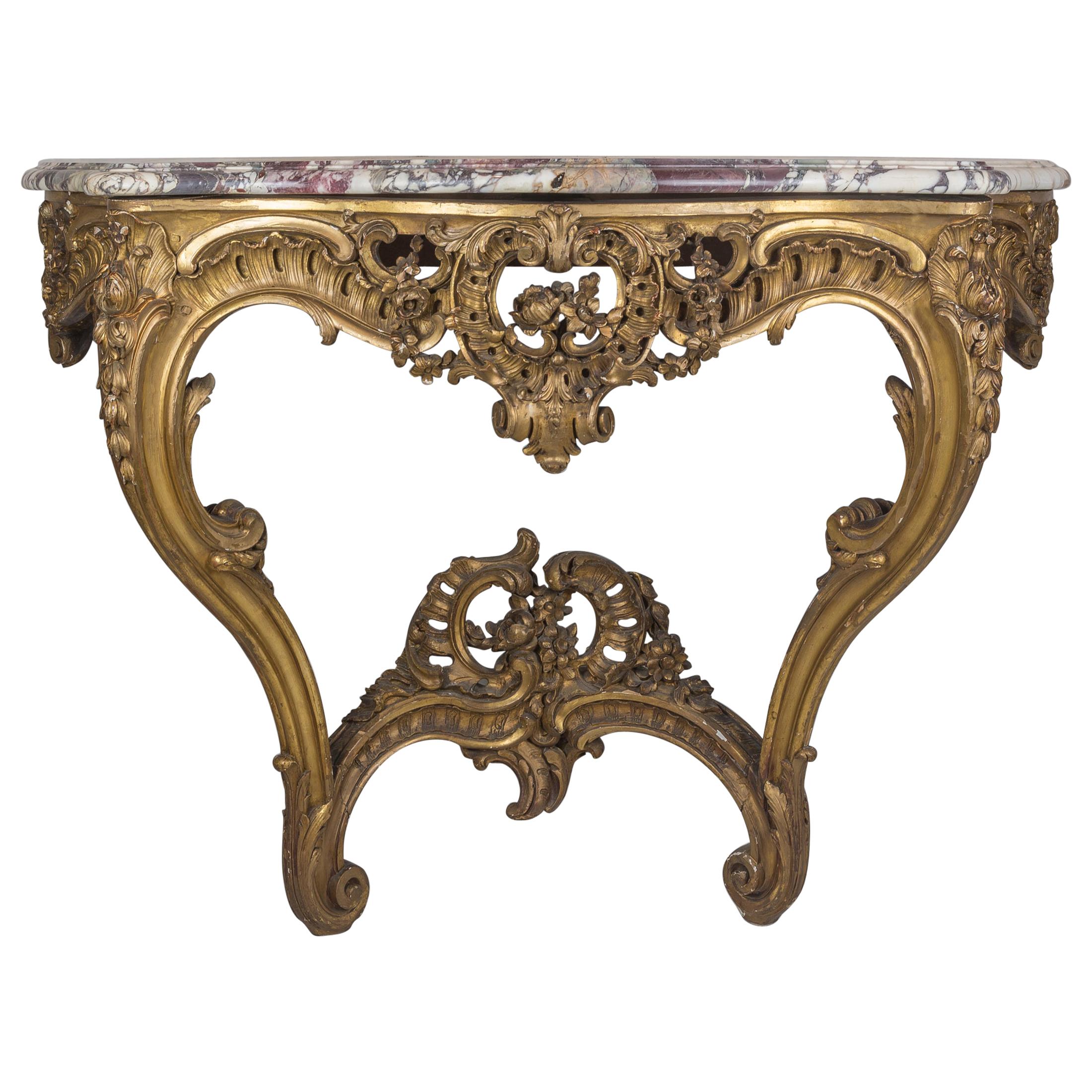 Louis XV Style Hand-Carved Gilt Wood and Marble-Top Console