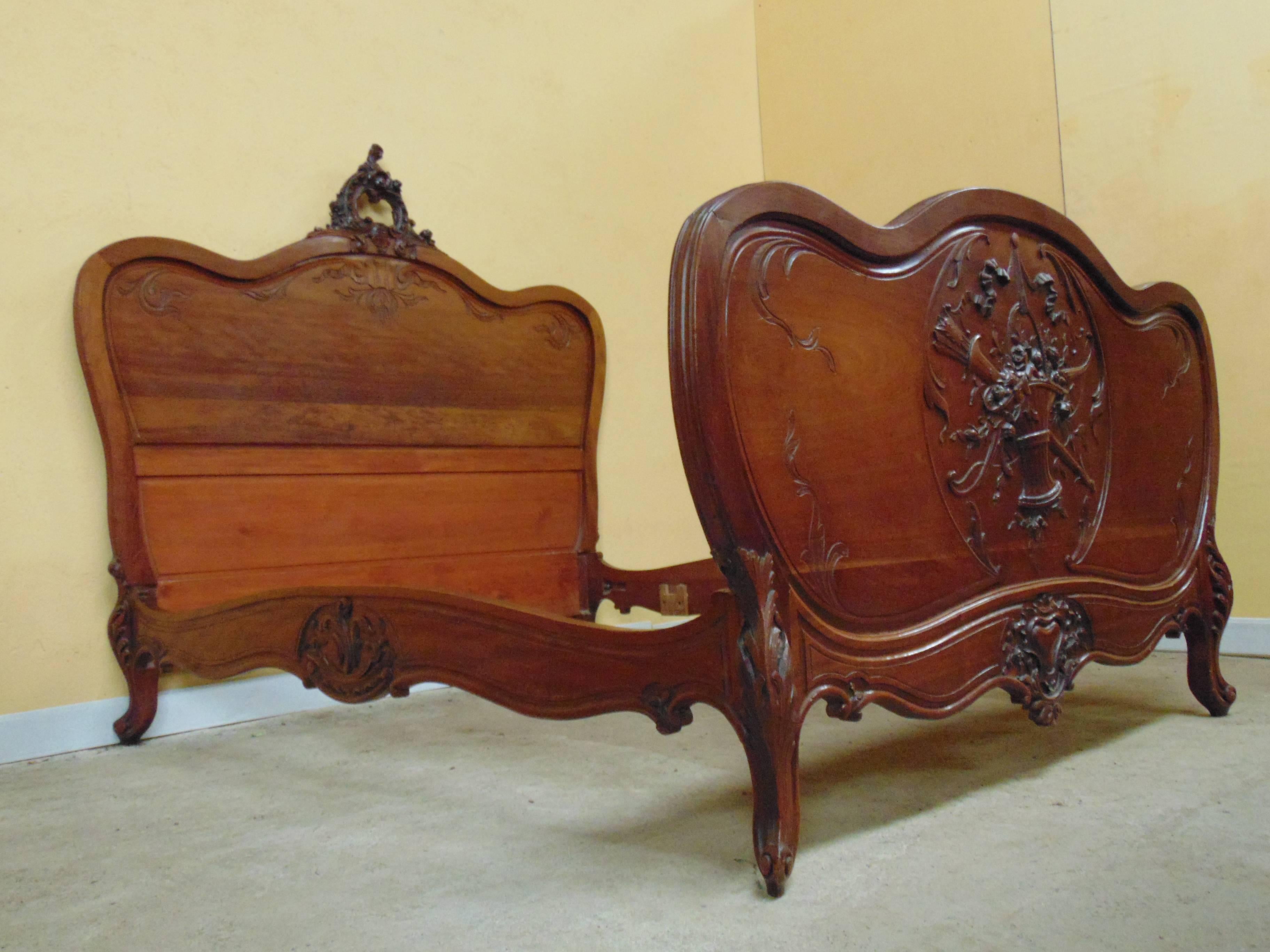 19th Century Louis XV Style Hand-Carved Walnut Bed Set, circa 1900