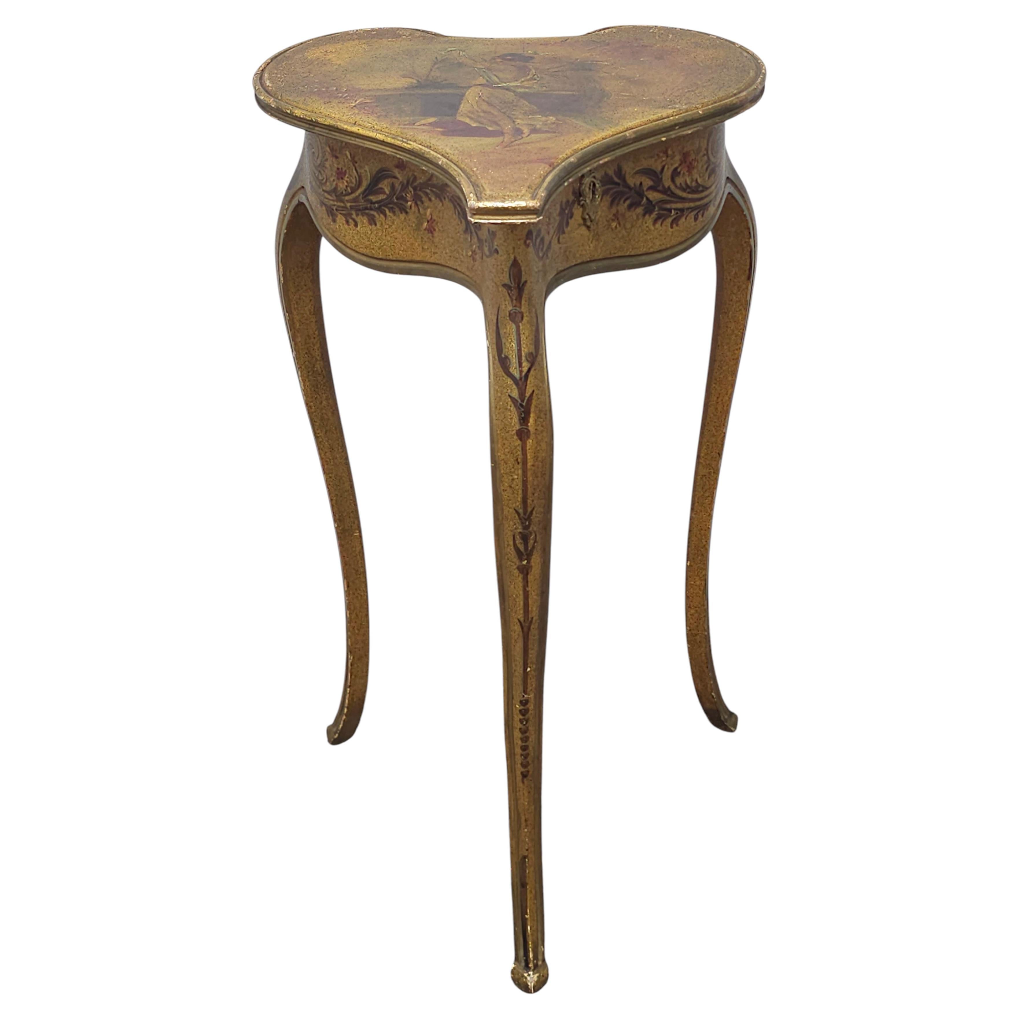 Louis XV Style Hand Painted Keyed Lift-Top Heart Form Side Table