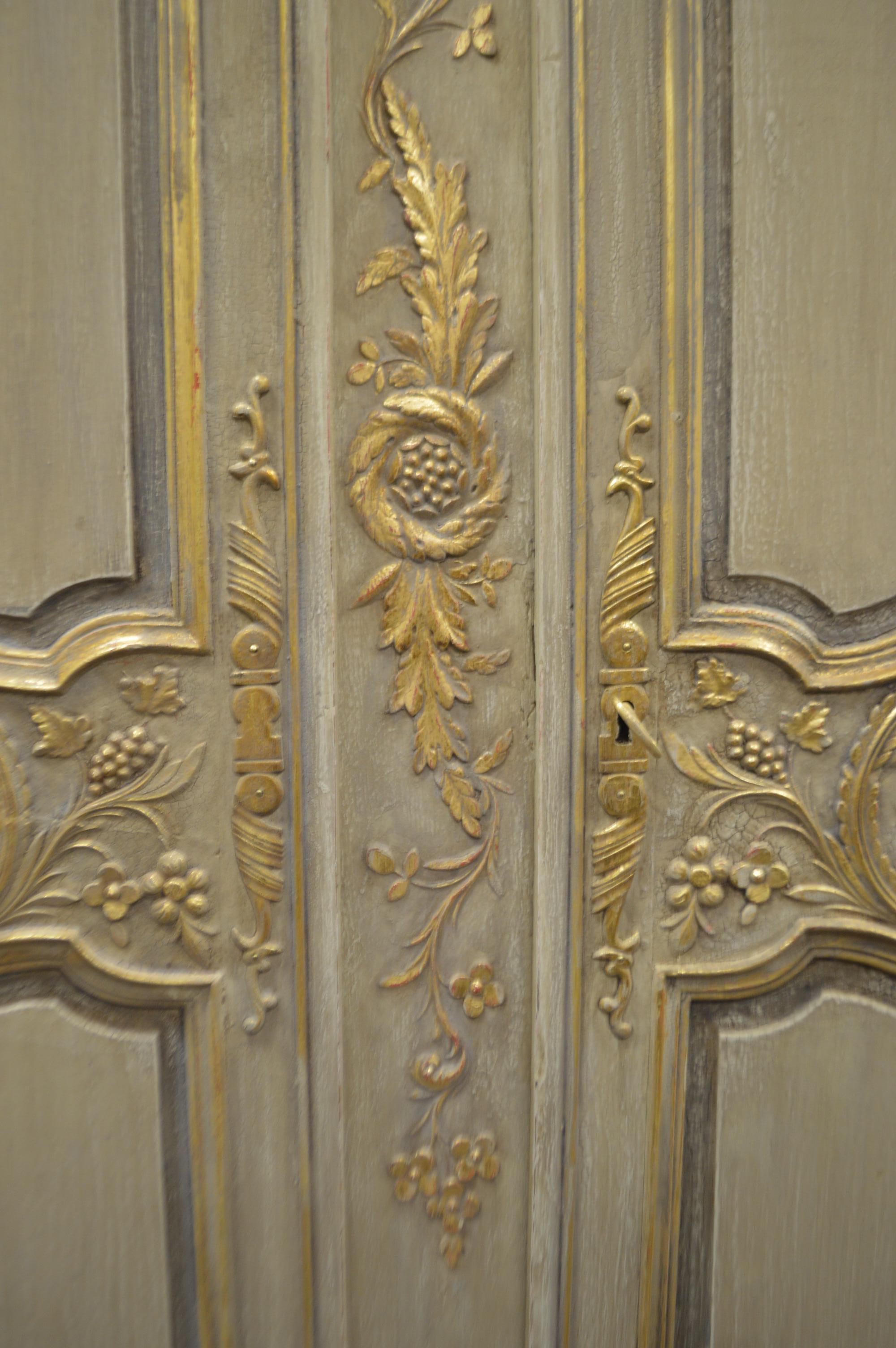 French Louis XV Style Highly Decorative Painted Armoire with Gilt Details, 5 Shelves
