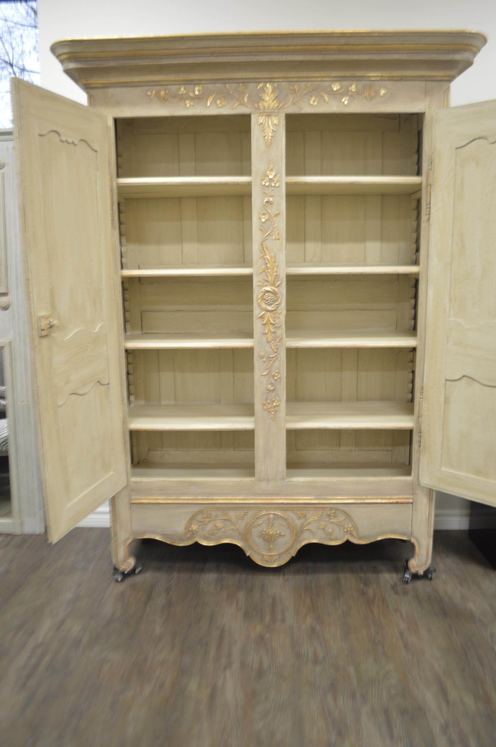 Oak Louis XV Style Highly Decorative Painted Armoire with Gilt Details, 5 Shelves
