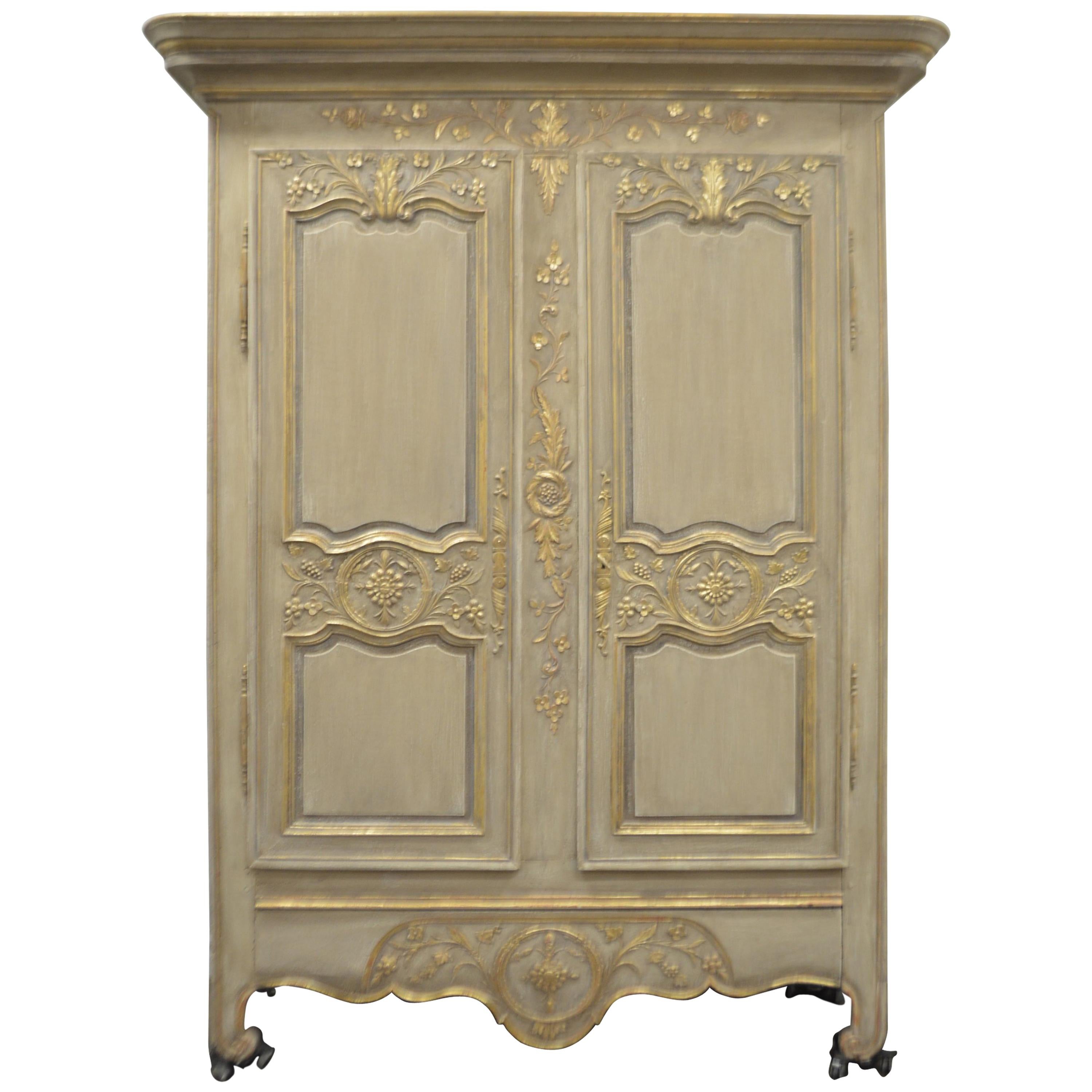 Louis XV Style Highly Decorative Painted Armoire with Gilt Details, 5 Shelves