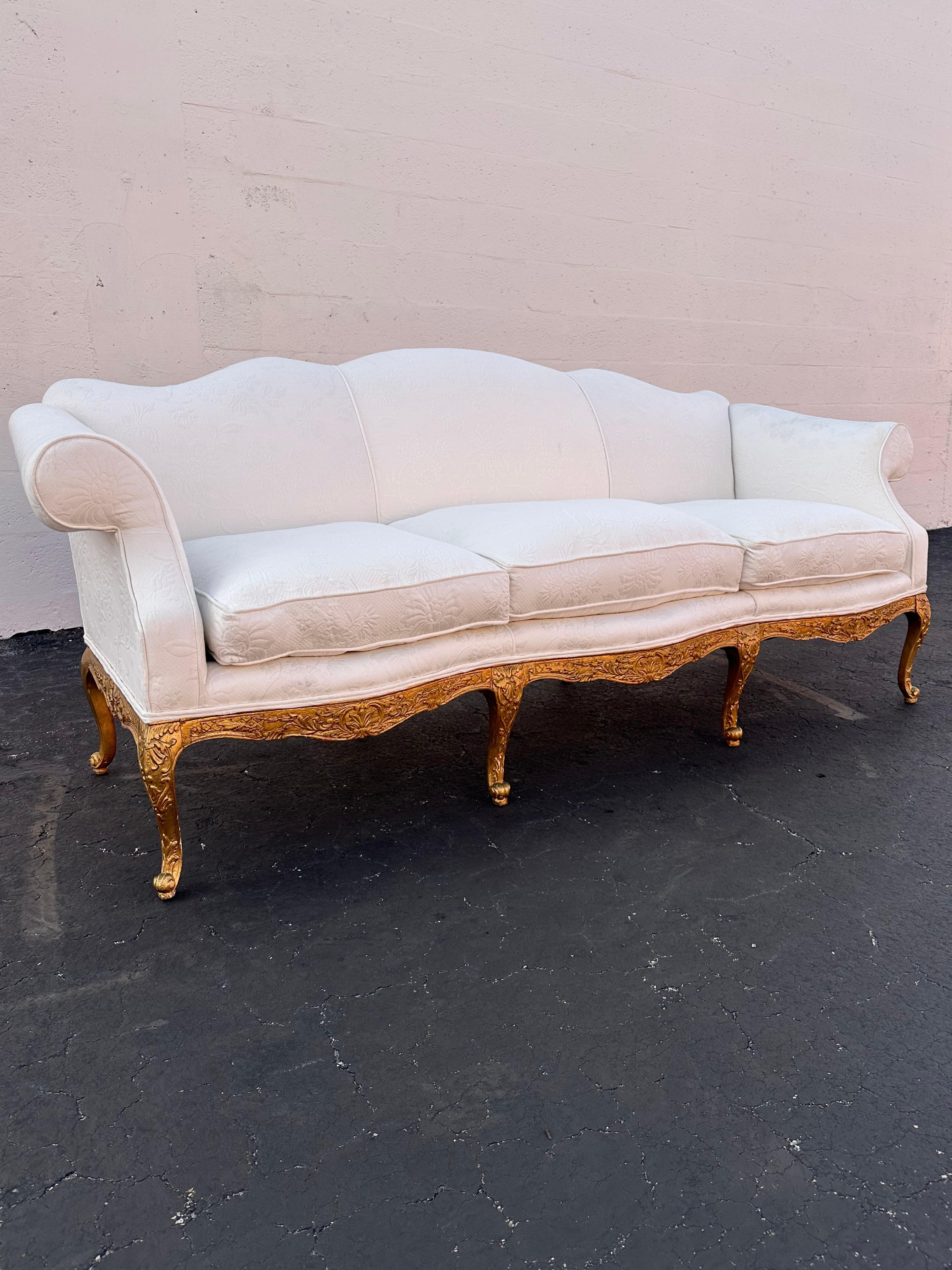 19th Century Louis XV Style Immaculate French Gold Giltwood Quilted Floral White Sofa For Sale