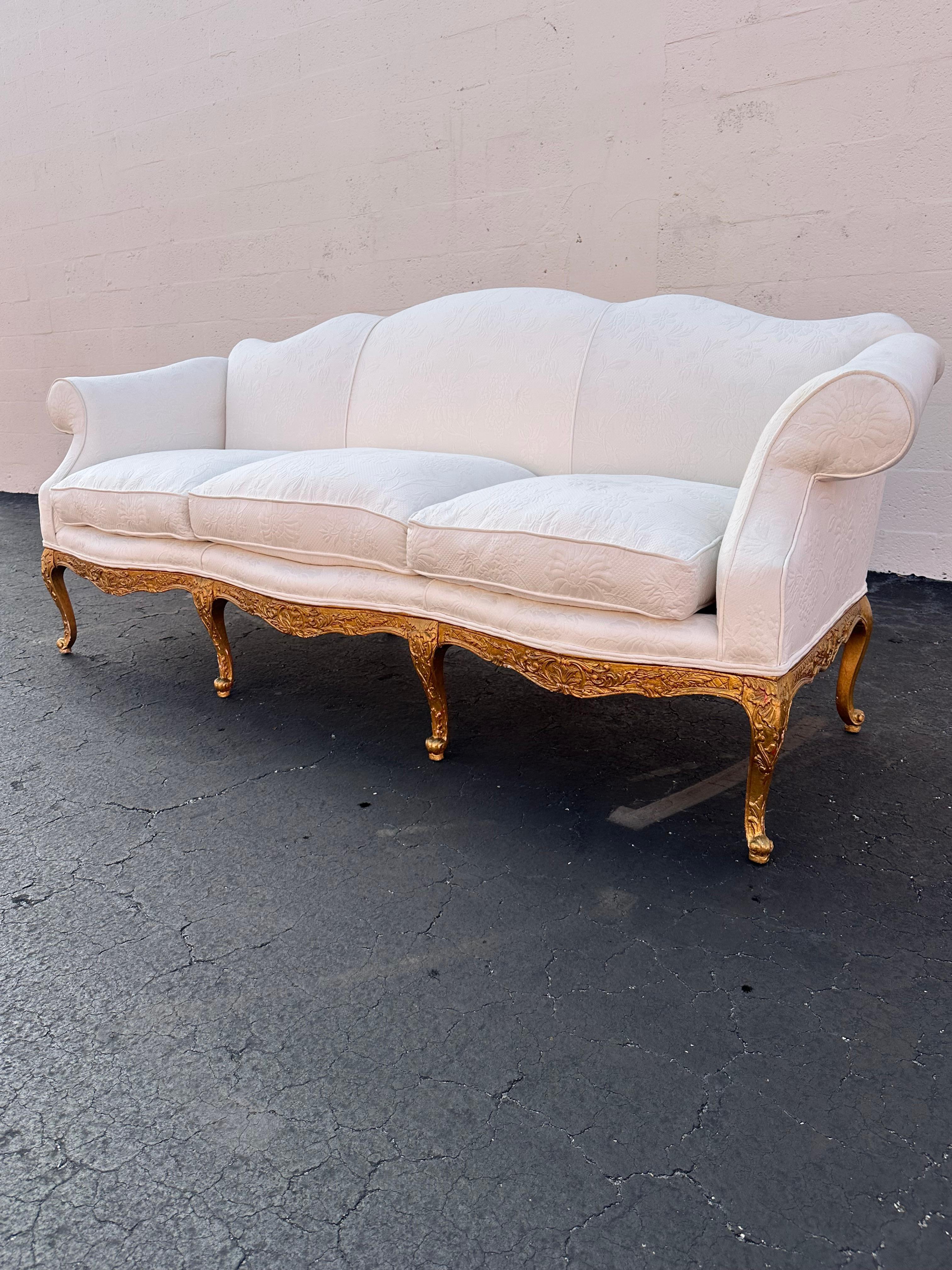 Upholstery Louis XV Style Immaculate French Gold Giltwood Quilted Floral White Sofa For Sale