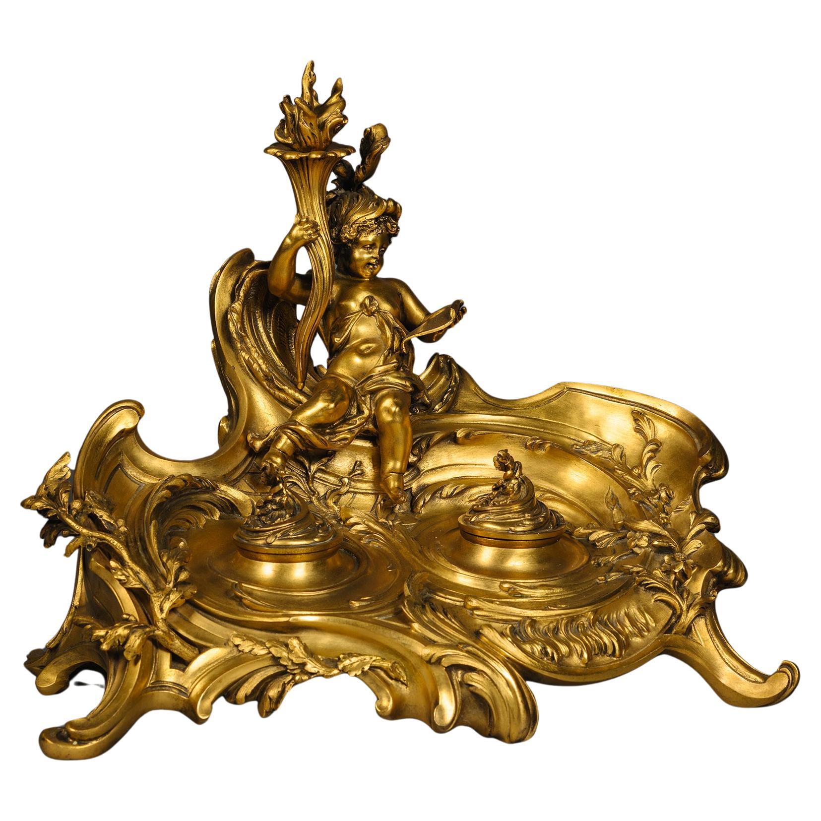 Louis XV Style Inkwell, Designed by Léon Messagé and Cast By Barbedienne For Sale