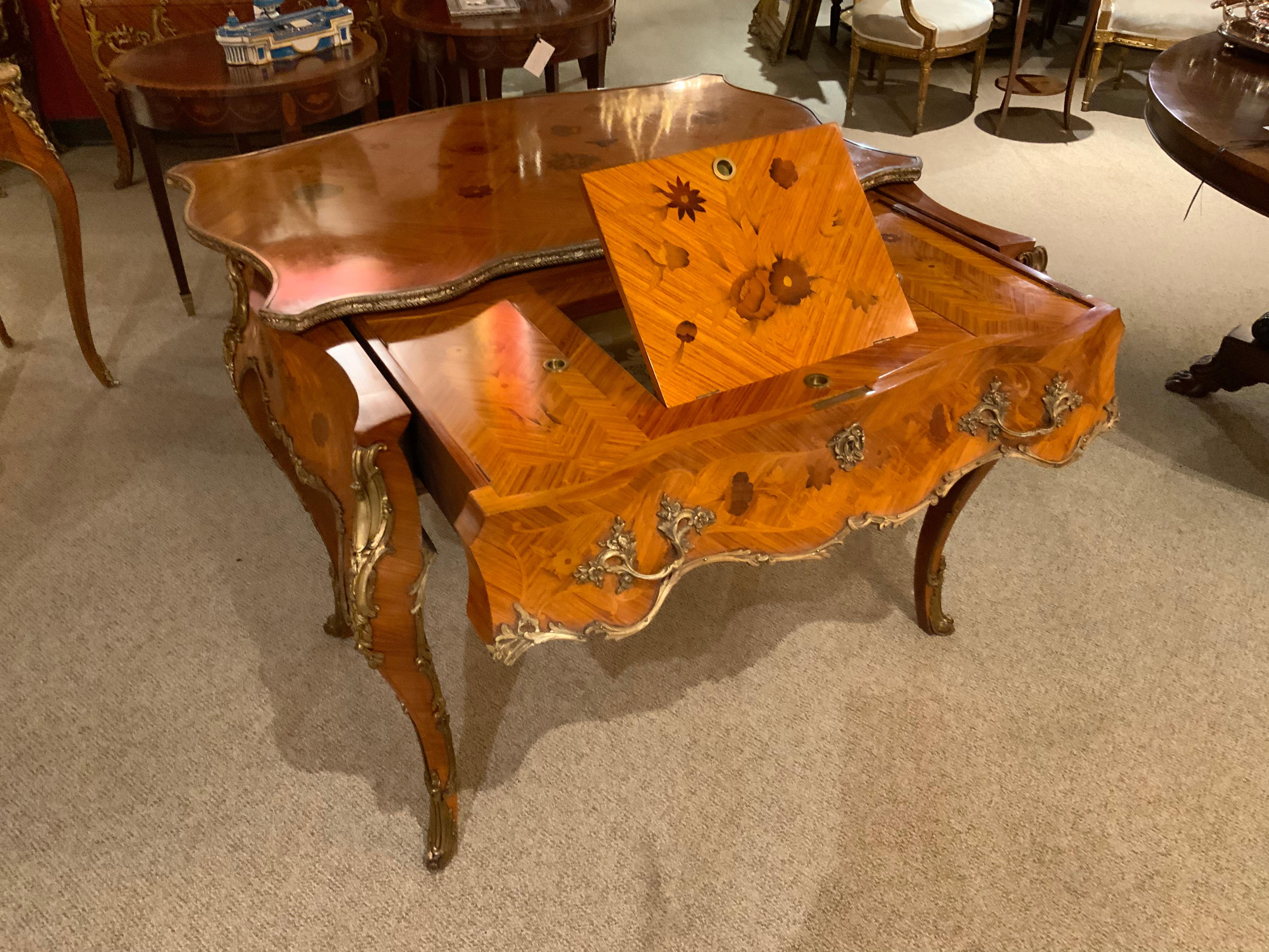 French Louis XV-Style Inlaid and Ormolu Mounted Desk/ Center Table, Mahogany and Satin