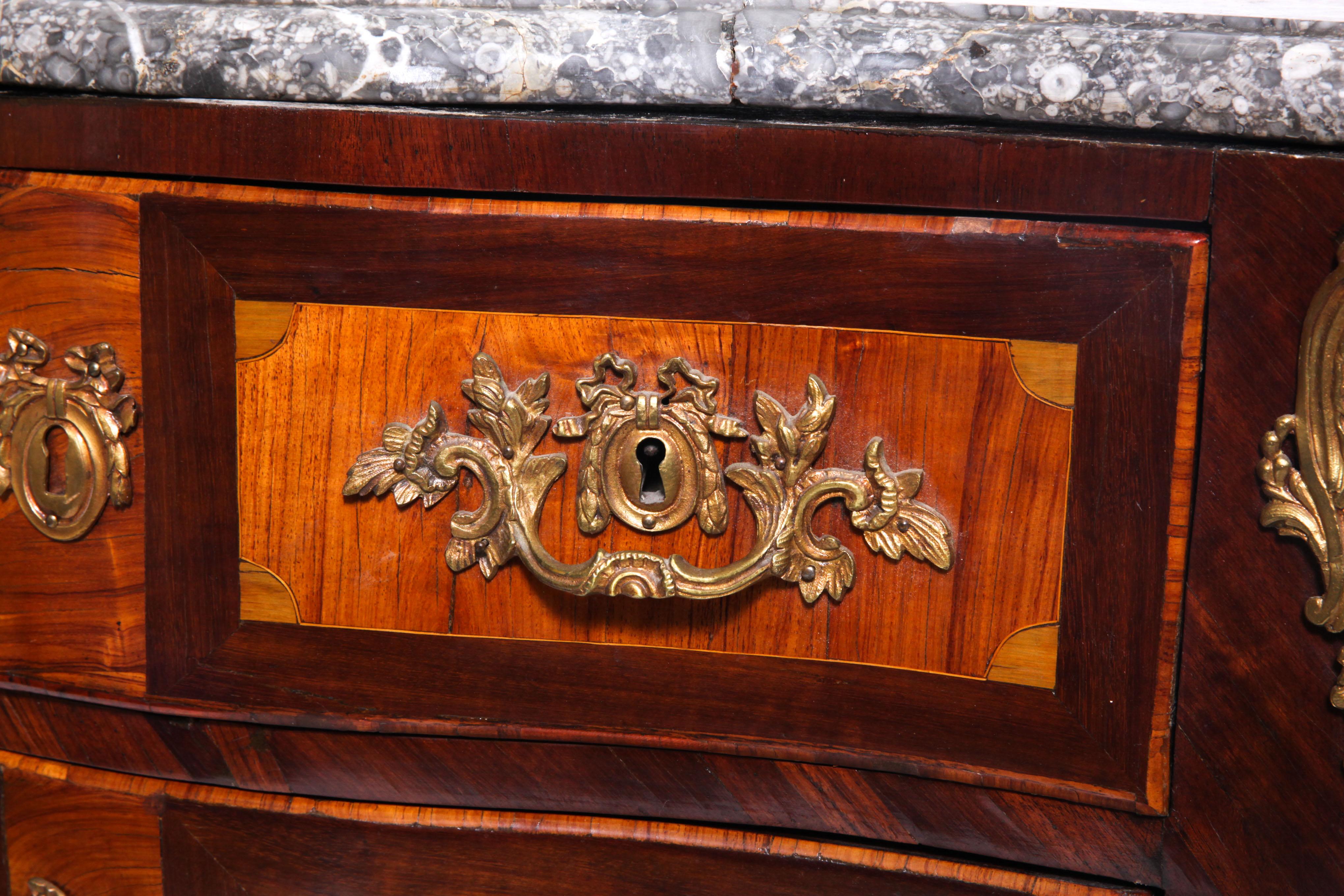 European Louis XV Style Inlaid Commode Bombe with Marble Top