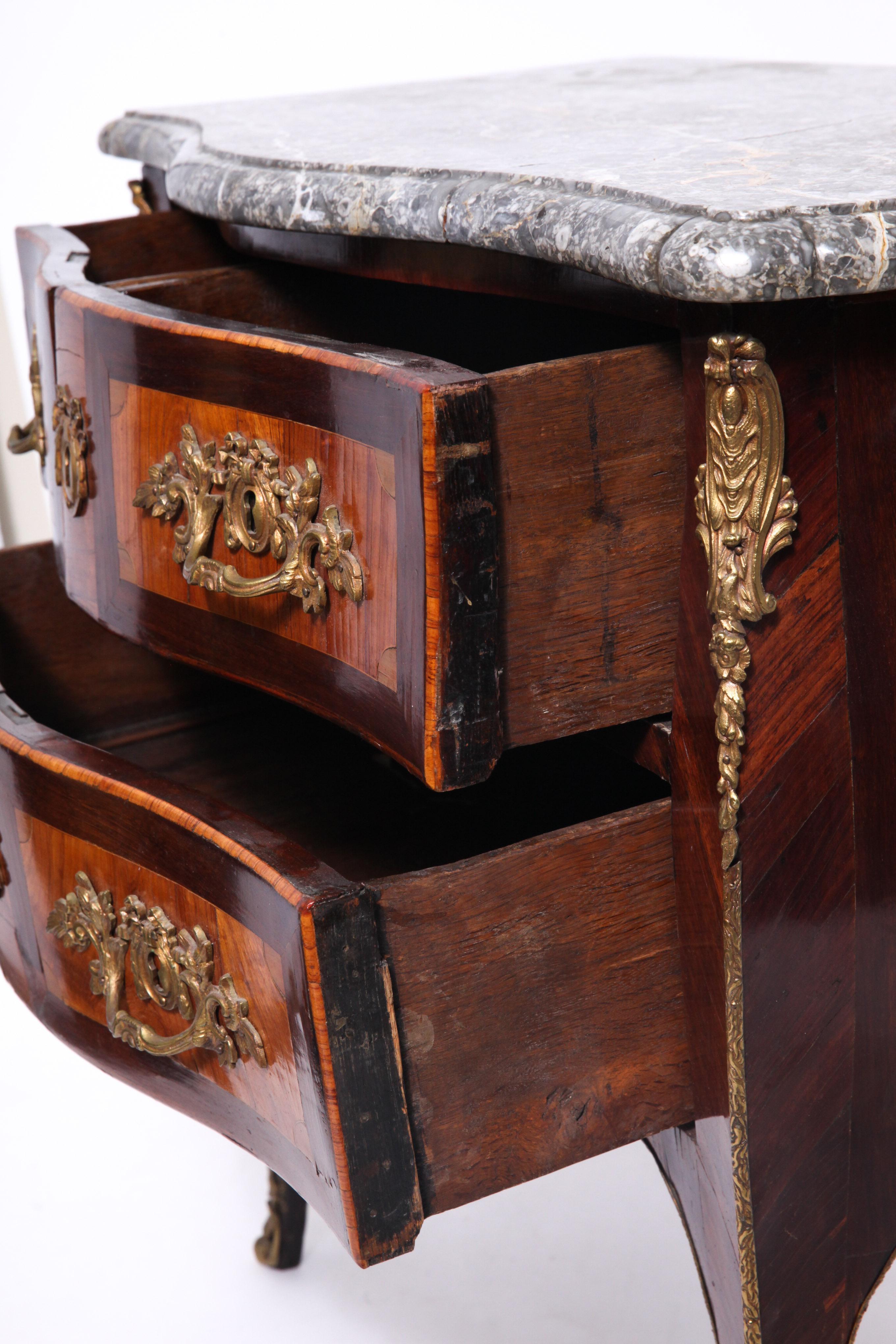 Bronze Louis XV Style Inlaid Commode Bombe with Marble Top