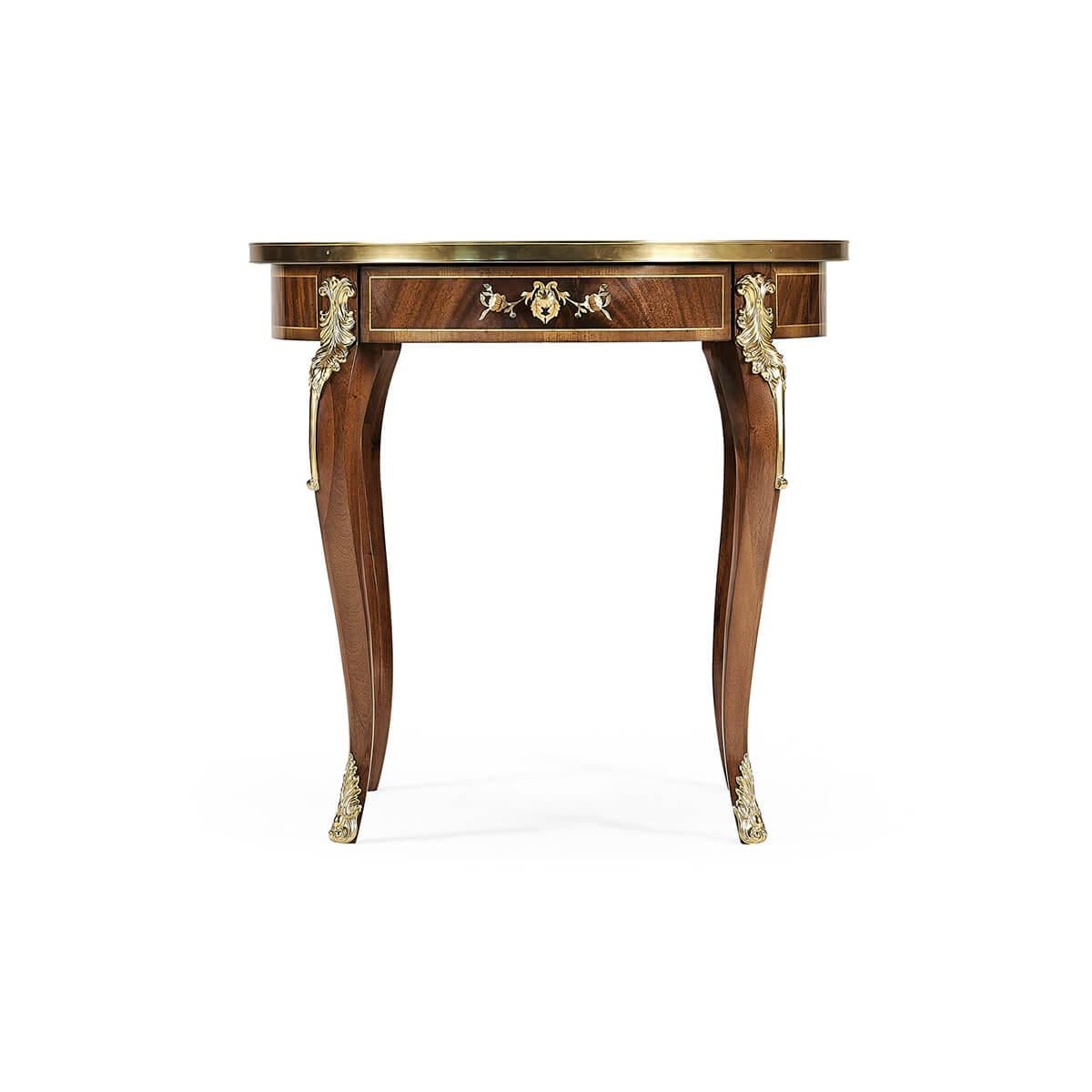 French Louis XV style mother-of-pearl inlaid marquetry round end table with brass trim and mounts, single drawer on cabriole legs.
Dimensions: 26