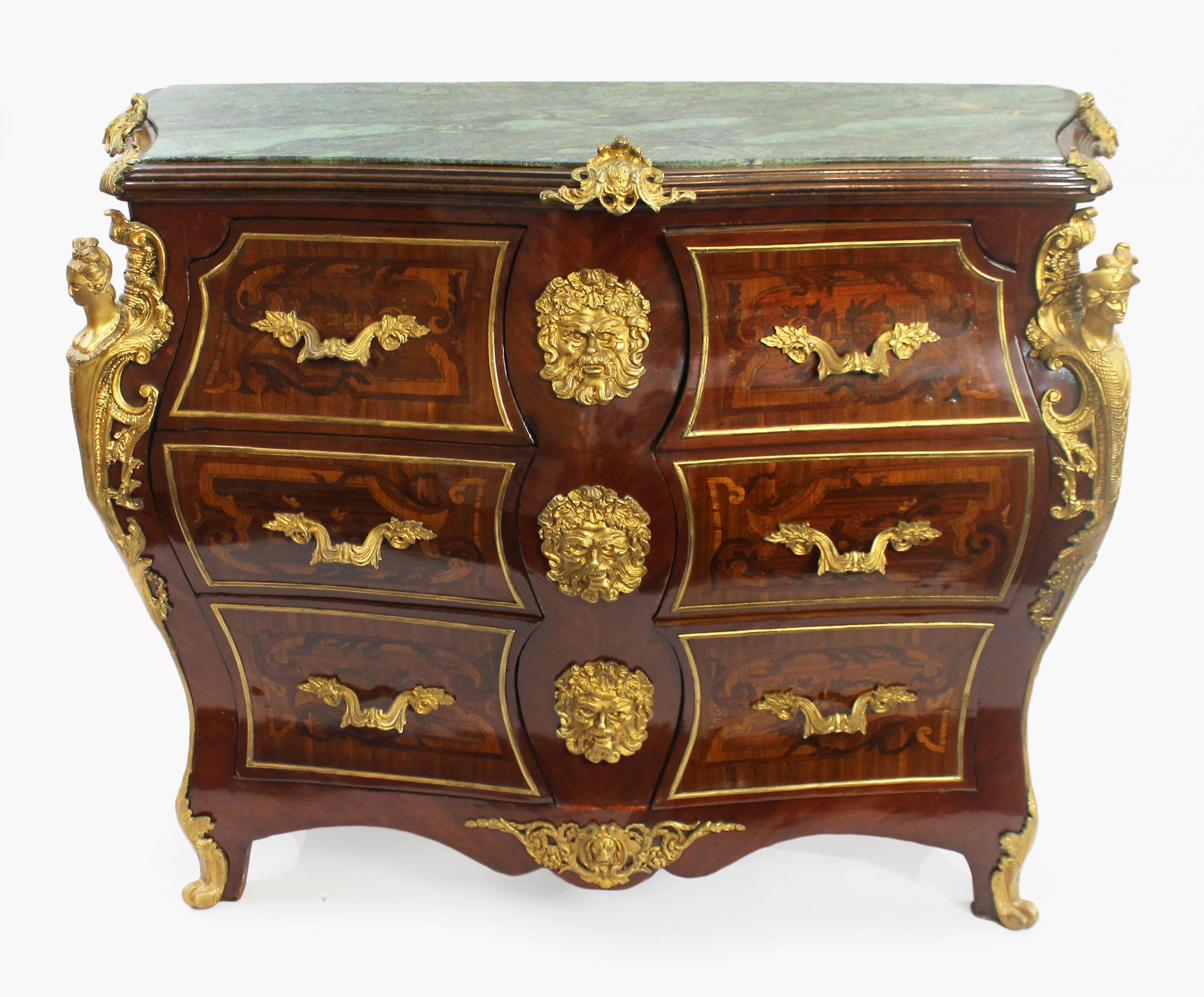 Louis XV Style Inlaid Marble Topped Bombe commode


Measures: Width: 128 cm

Depth: 56 cm

Height: 97 cm


Late 20th century in the manner of Louis XV

Green veined marble top.

Heavy bombe form body.

Six frieze drawers inlaid to