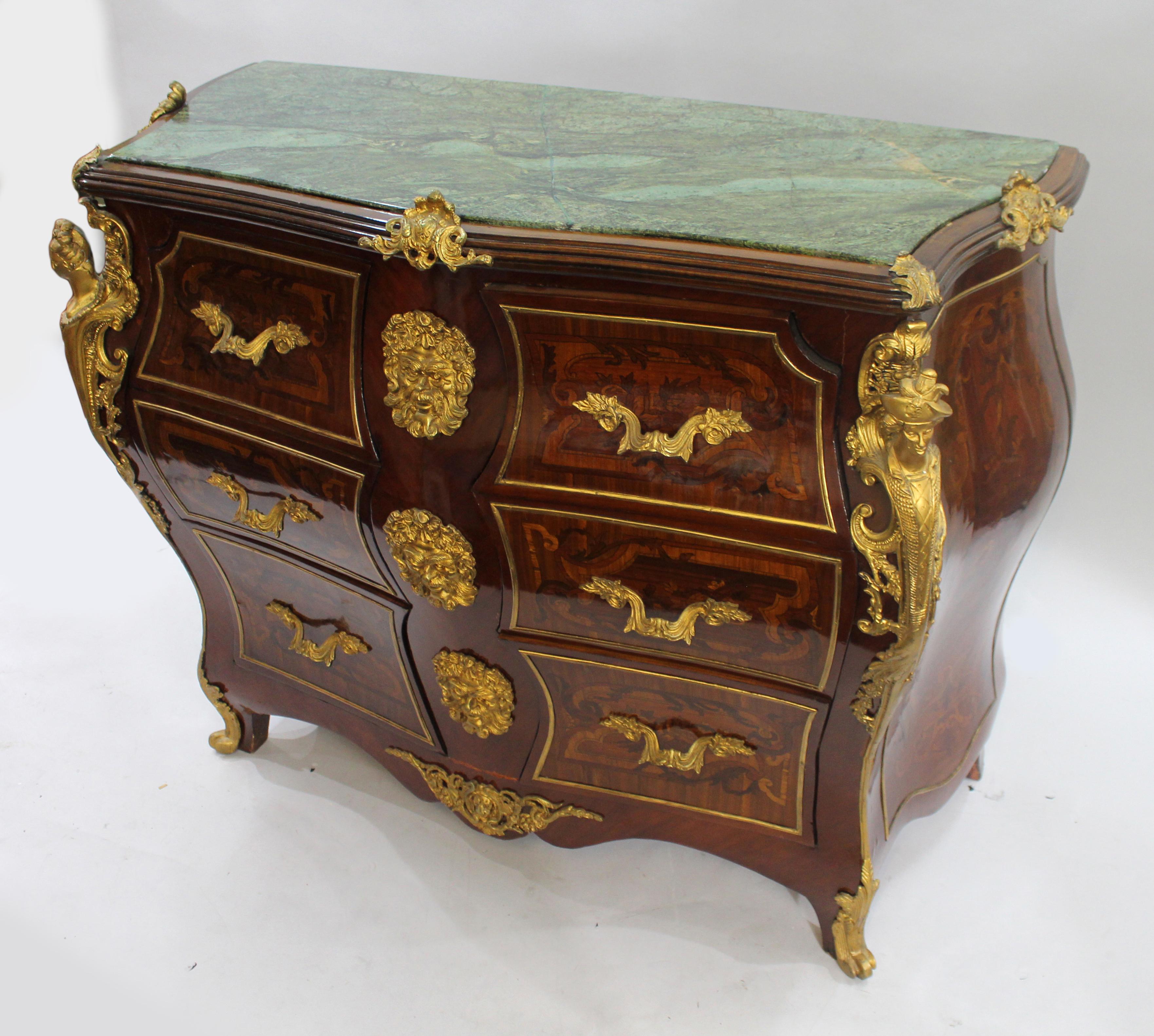 Inlay Louis XV Style Inlaid Marble Topped Bombe Commode