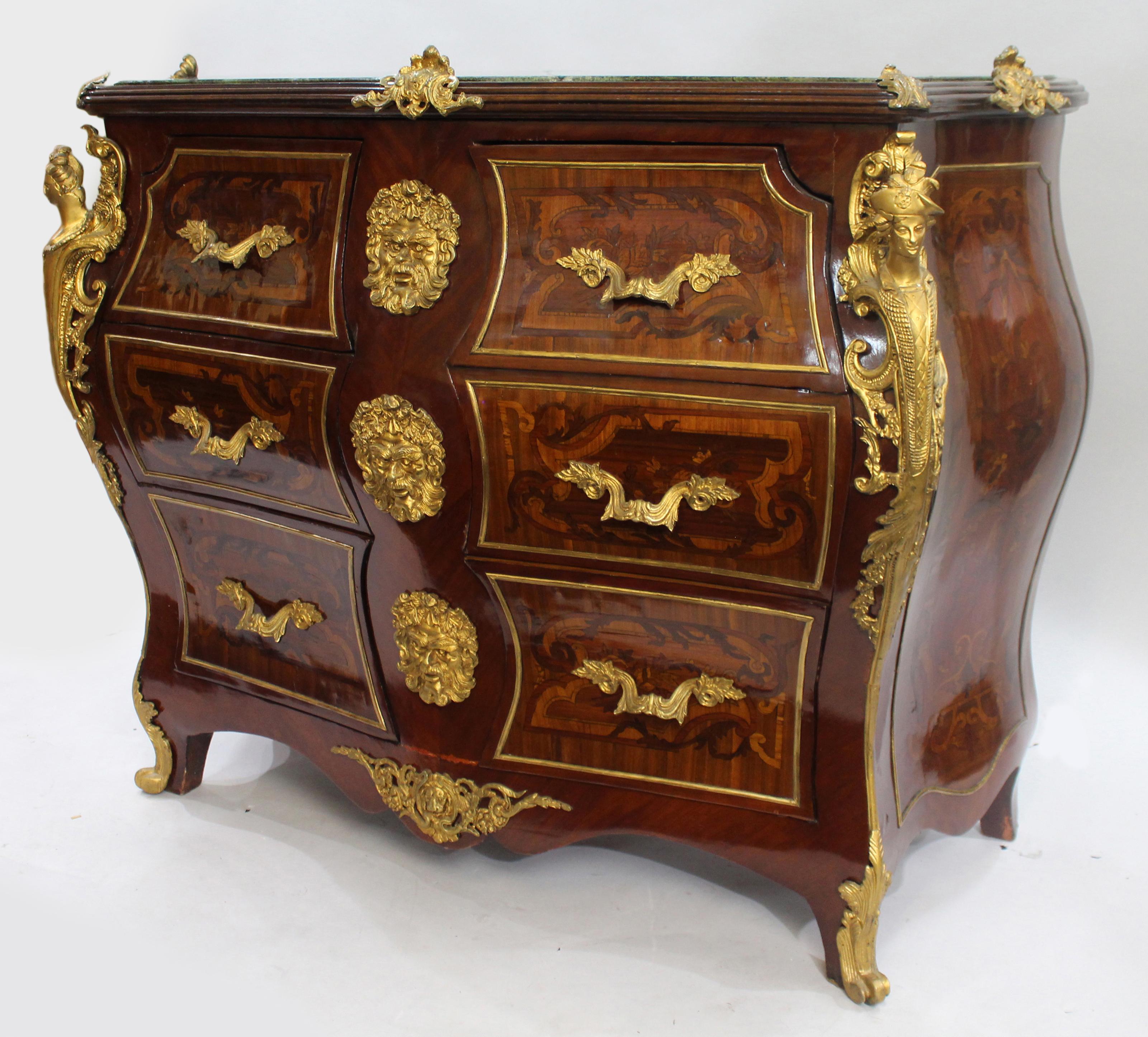 20th Century Louis XV Style Inlaid Marble Topped Bombe Commode