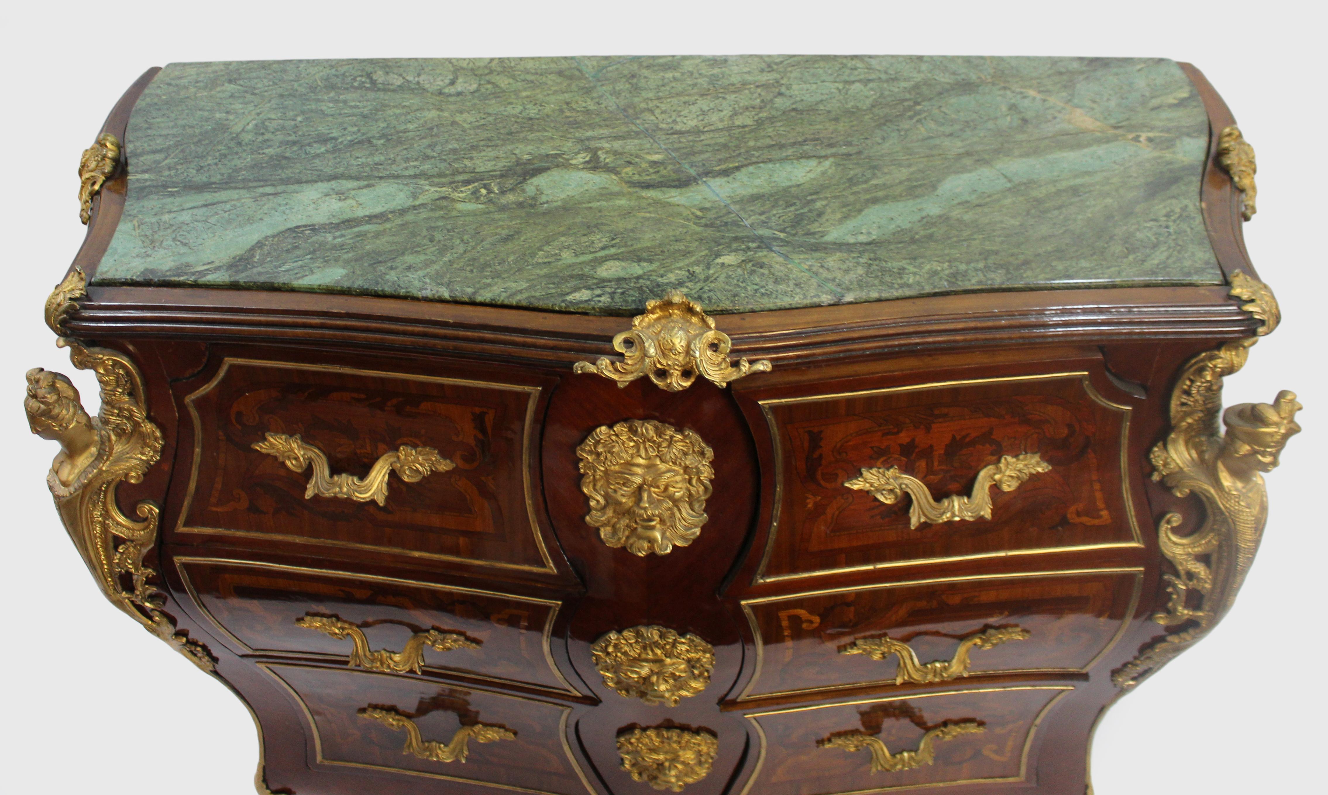 Ormolu Louis XV Style Inlaid Marble Topped Bombe Commode