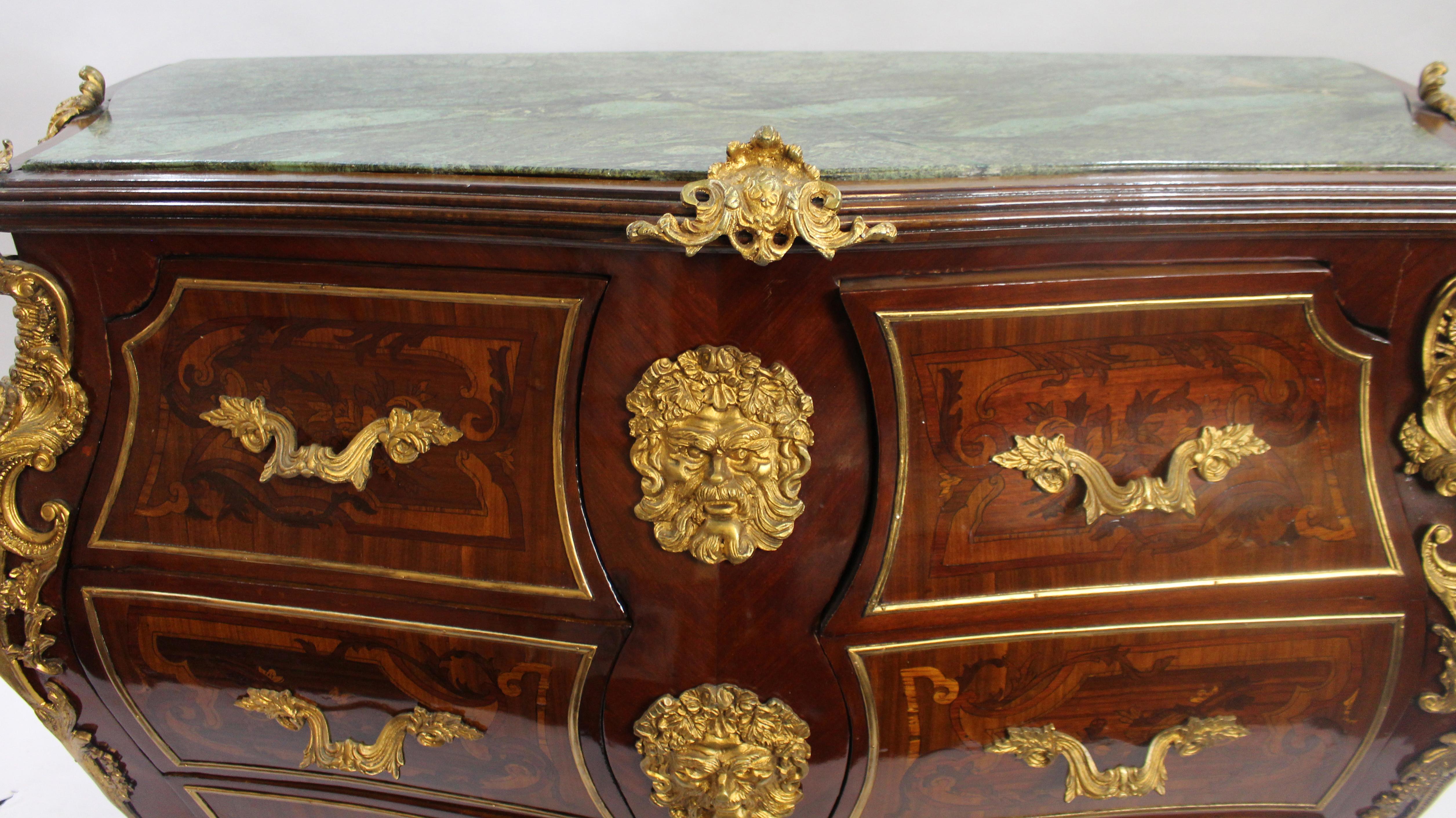 Louis XV Style Inlaid Marble Topped Bombe Commode 1
