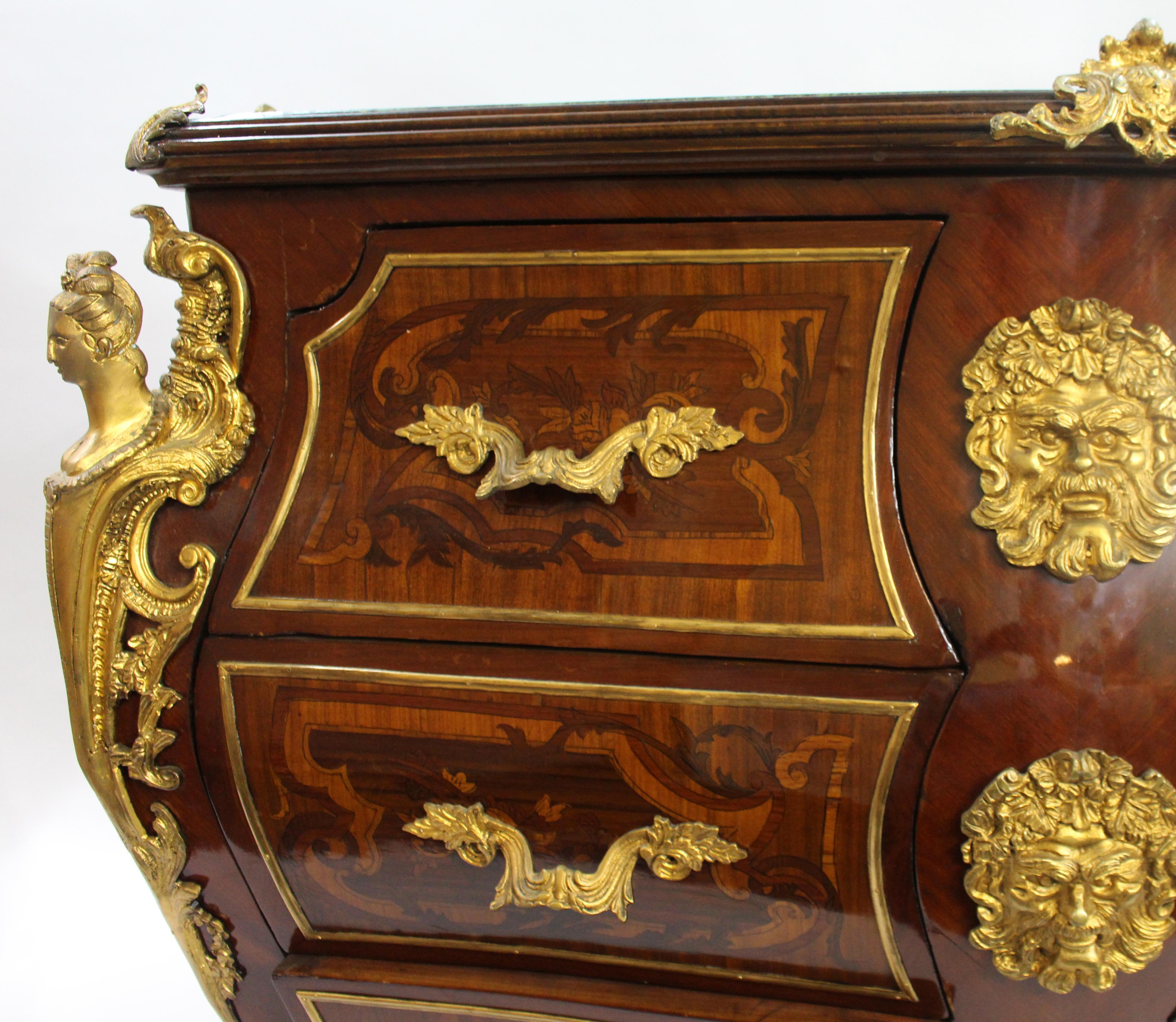 Louis XV Style Inlaid Marble Topped Bombe Commode 2