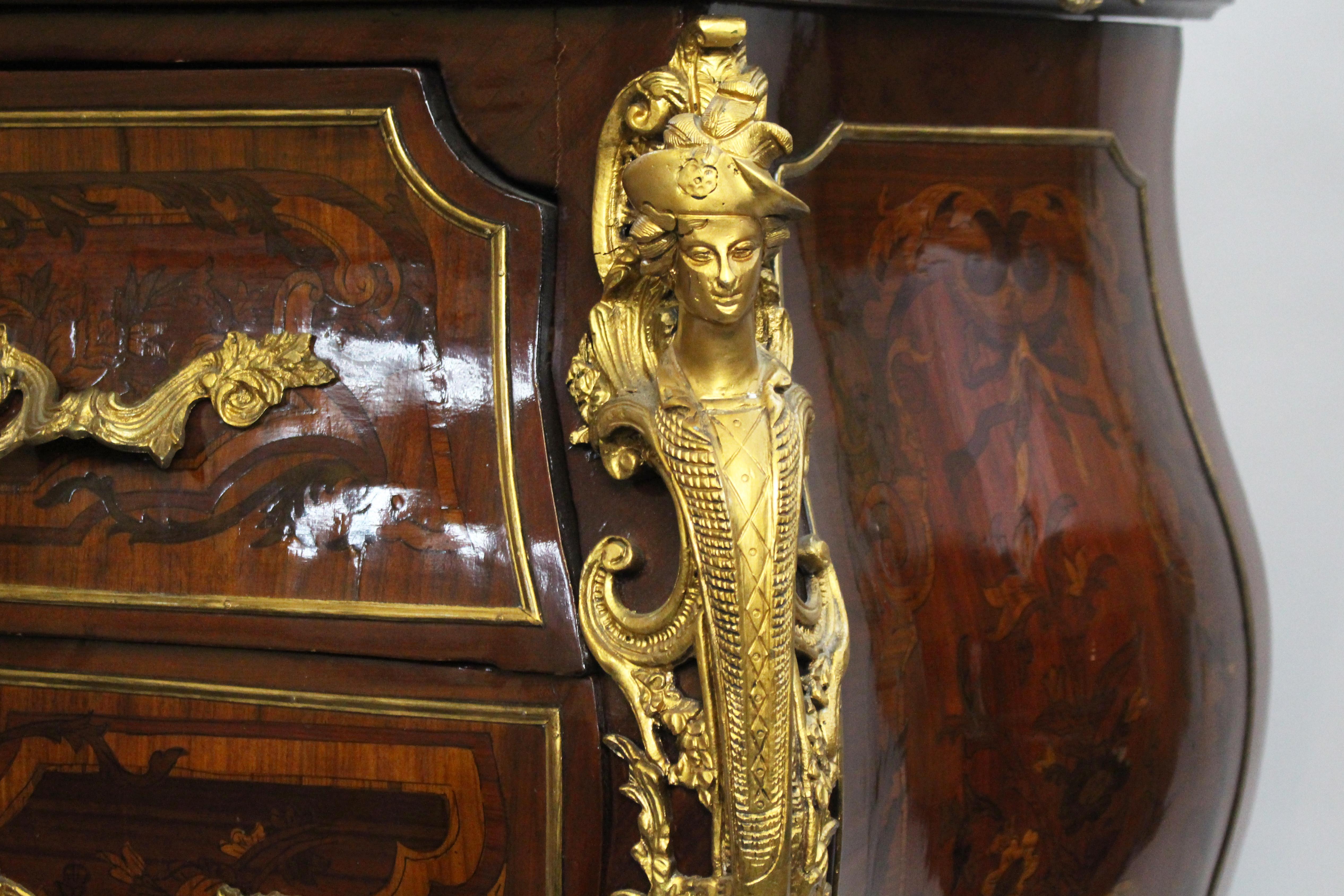 Louis XV Style Inlaid Marble Topped Bombe Commode 3