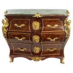 Louis XV Style Inlaid Marble Topped Bombe Commode