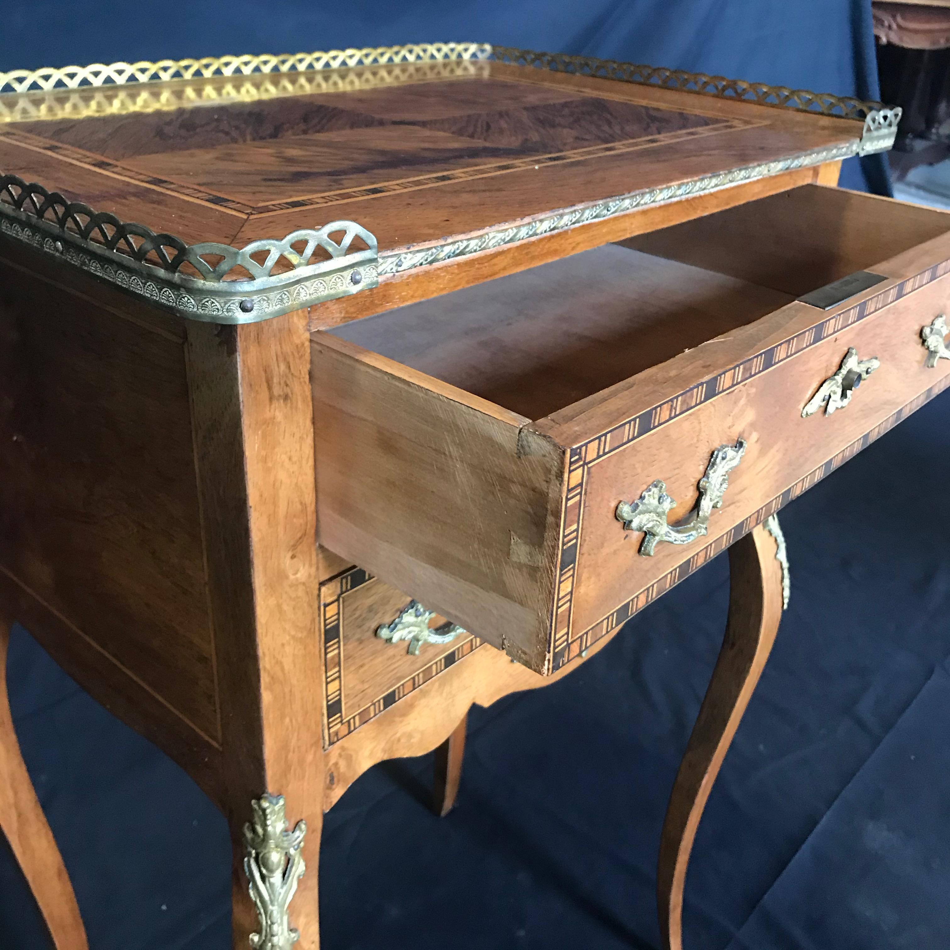 Brass Louis XV Style Inlaid Nightstand or Side Table with Gold Fretwork