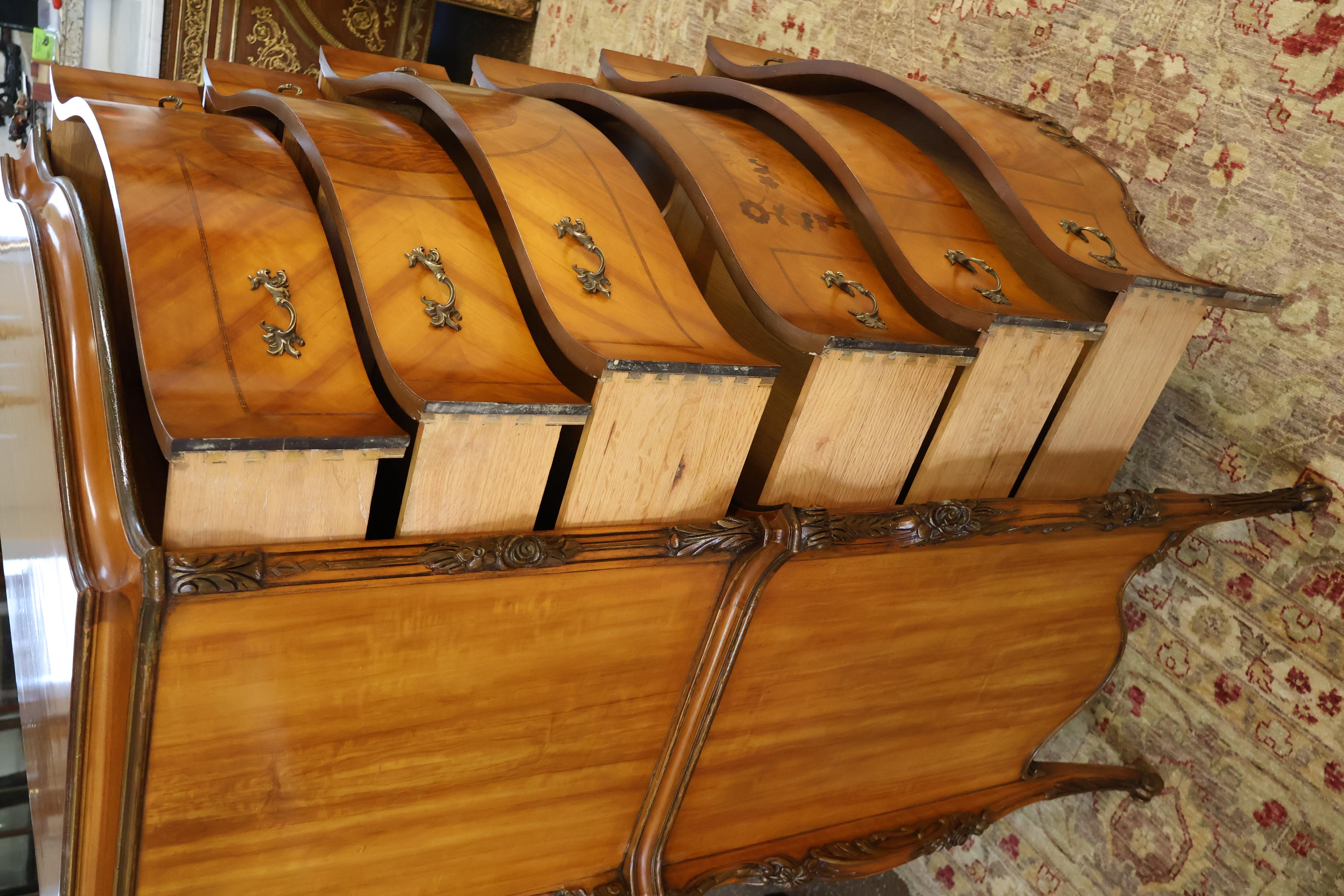 Louis XV Style Inlaid Satinwood and Burled Walnut High Chest of Drawers 1920s 8
