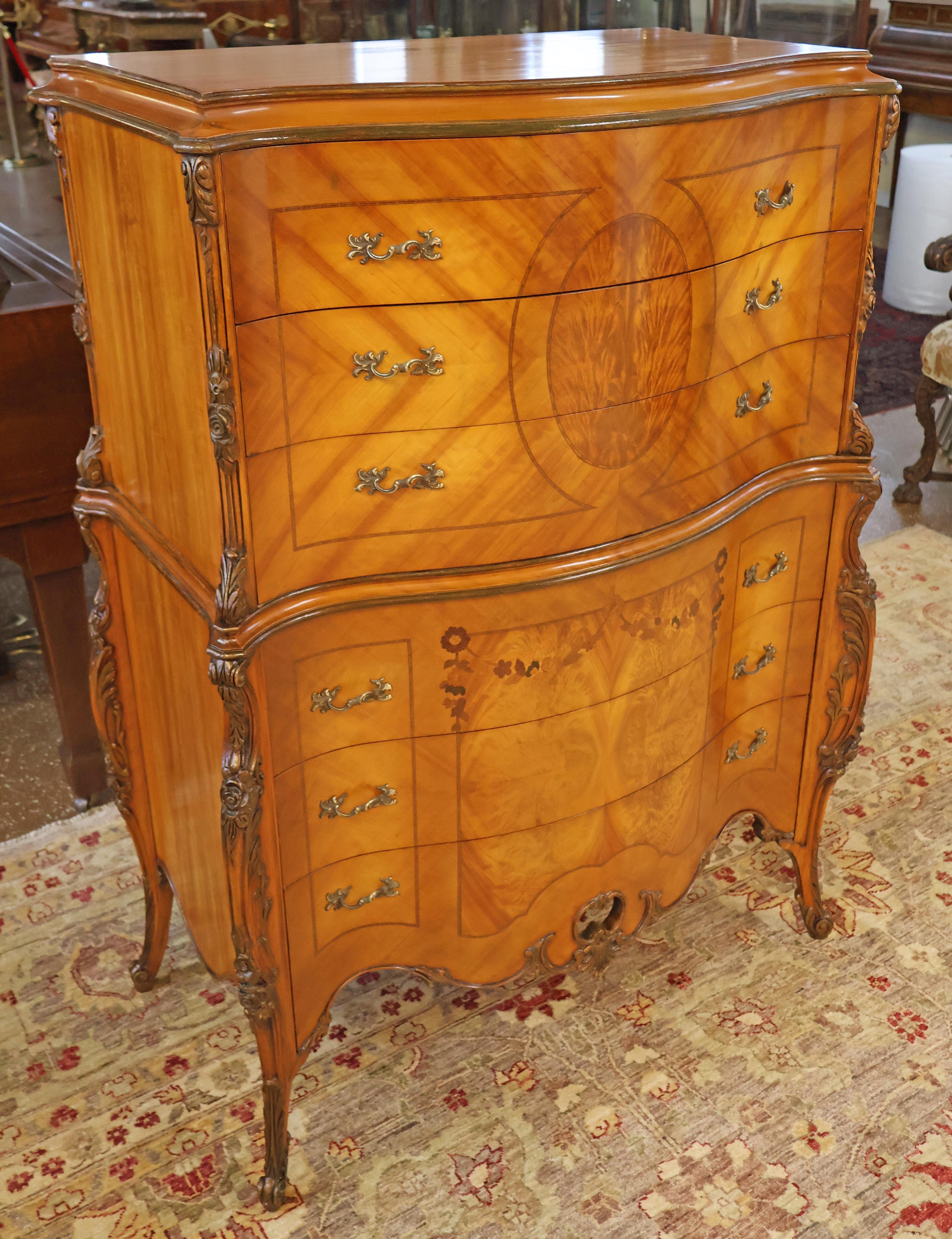 French Louis XV Style Inlaid Satinwood and Burled Walnut High Chest of Drawers 1920s