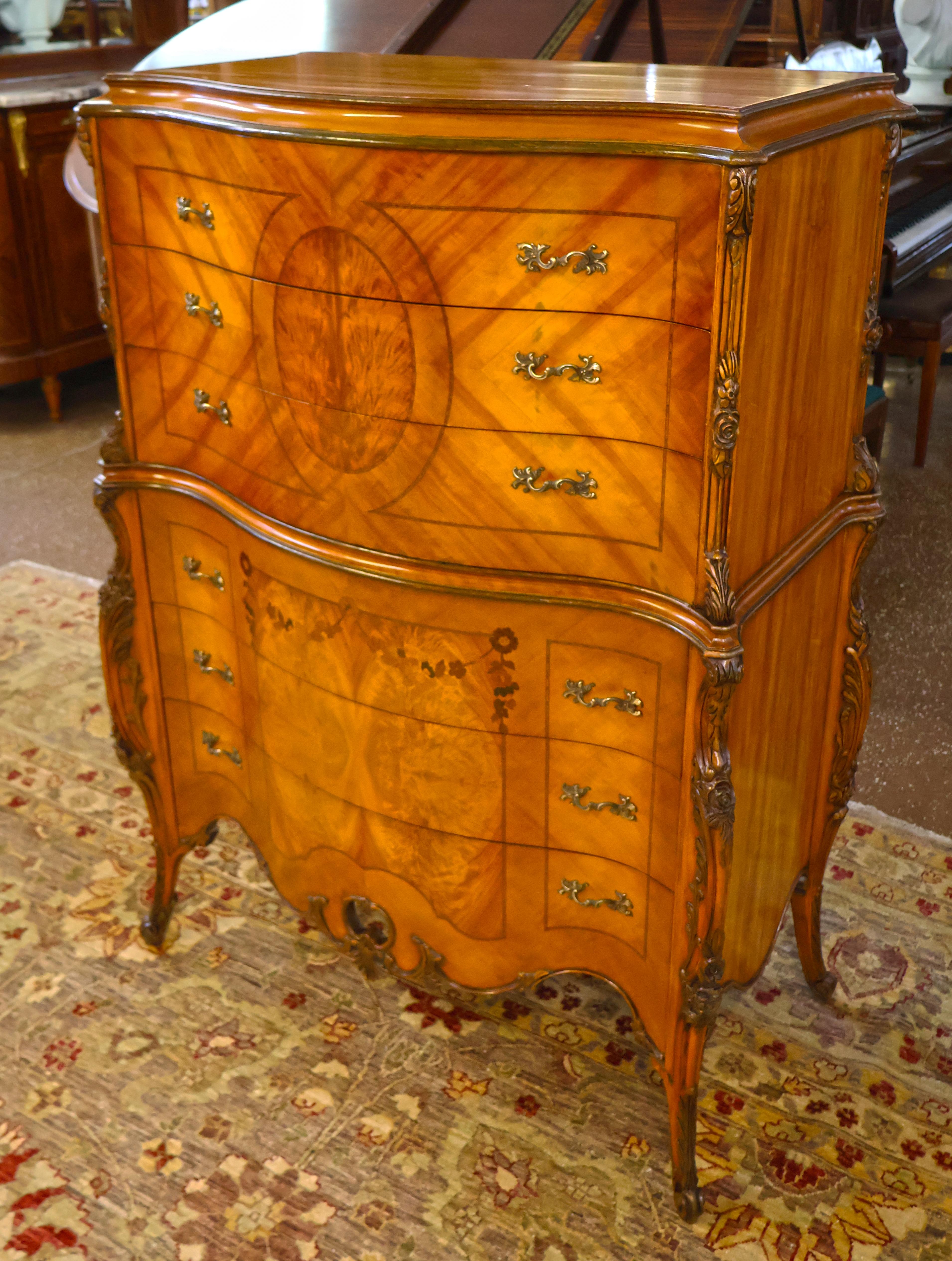 Louis XV Style Inlaid Satinwood and Burled Walnut High Chest of Drawers 1920s In Good Condition In Long Branch, NJ