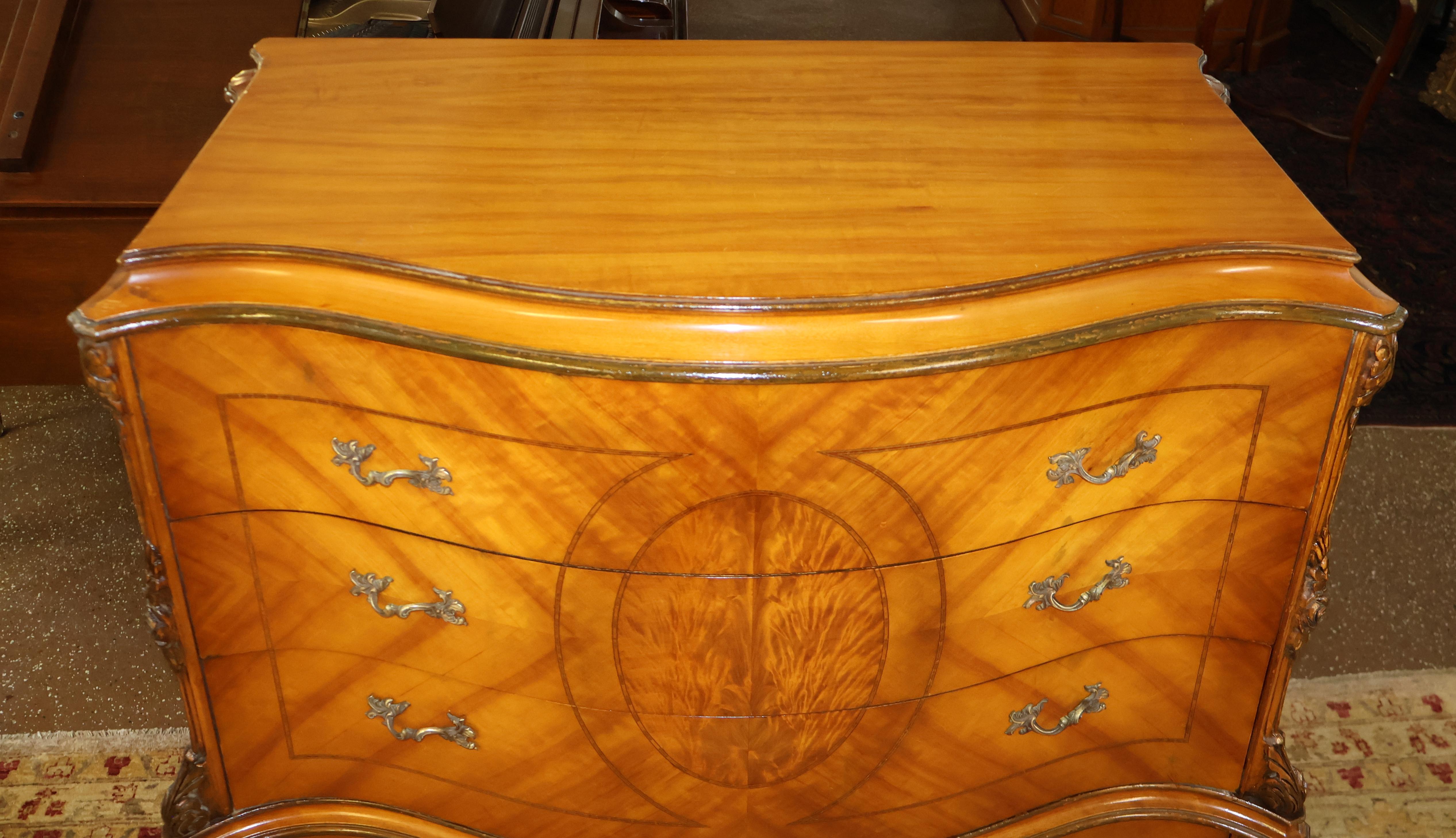 Early 20th Century Louis XV Style Inlaid Satinwood and Burled Walnut High Chest of Drawers 1920s
