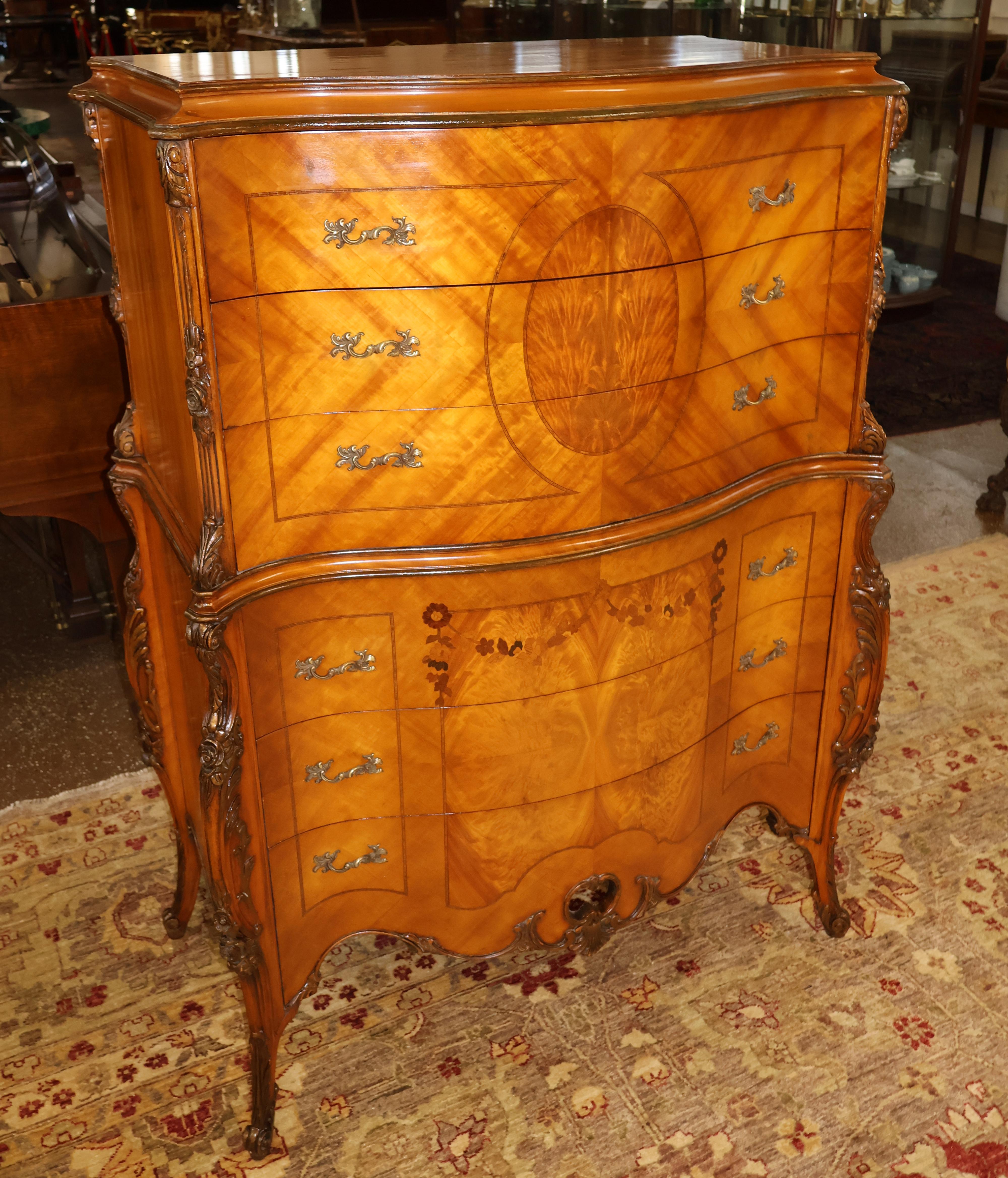 Louis XV Style Inlaid Satinwood and Burled Walnut High Chest of Drawers 1920s 1